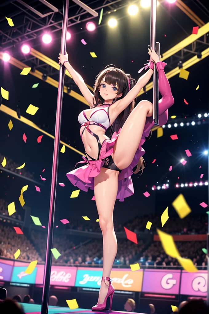 1girl,(pole dancing:1.2),squatting,open legs,arms behind head,stage,confetti