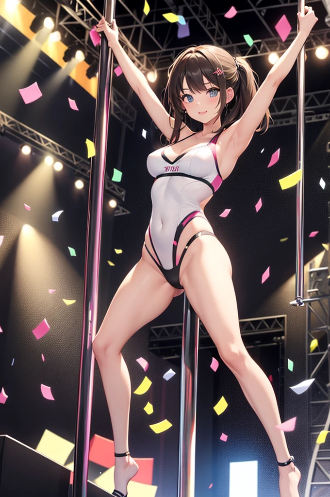 1girl,(pole dancing:1.2),squatting,open legs,arms behind head,stage,confetti