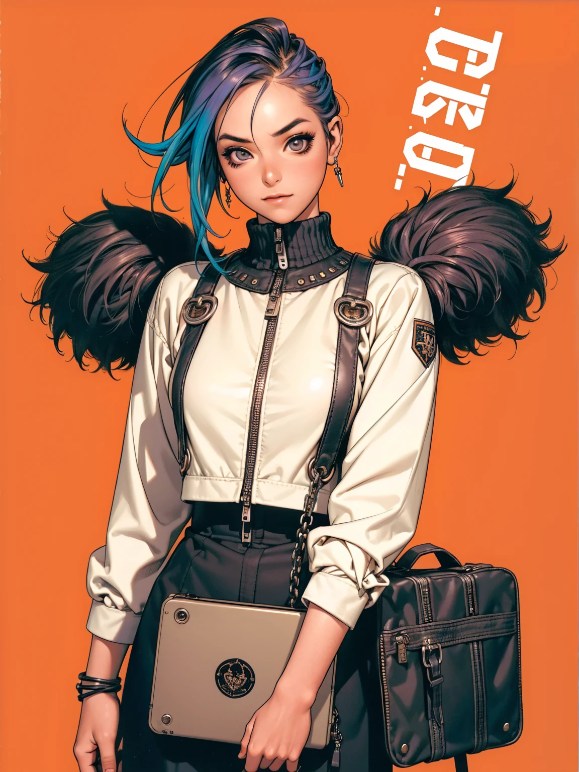 (((best qualityer))), (((manga strokes))), (((colorful punk hair))), jacket with rivets and screws, uma Kizi jovem muito bem vestida com roupas modernas de inverno, pants with red and black zig-zag pattern, top gift vertical stripes, short jacket with dark fur collar, beautiful and expressive face, slightly-smile, big eyes with long black eyelashes, heavy make-up, chains and zippers spread across clothes, contrasting colours, pose de atitude, hair with a modern and futuristic cut, urban game poster art, dramatic camera angles, graffiti art elements in the background, design mixing contemporary and retro by Shepard Fairey, (((cowboy shot))), (((best qualityer: 1.4))), (Unbeatable masterpiece), (hiper HD),(CG 8k hyper-realistic), Kizi, (((standing alone))), pirralha violent, ((())), sexly, pose de atitude, work of art, post-apocalypse, (((manga style))), bounty hunter, violent, Manic, the way you want, slenderbody, thin but strong, perfectbody, roupa moderna, advanced technology, neon, sleeves with vertical striped pattern, neutral background, (( cowboy shot )). intricate visual
