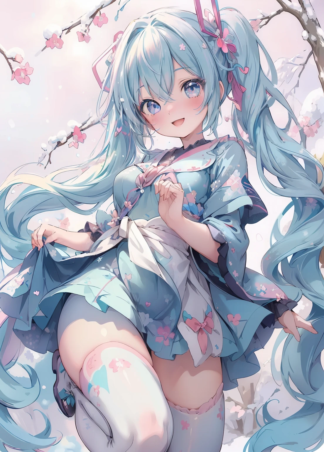(masterpiece、Highest quality、Highest quality、Official Art、Beautiful and beautiful:1.2)、(One person:1.3)Hatsune Miku、Twin tails,Beautiful breasts, Katsushika Hokusai,masterpiece, super high quality, Beautiful details, Very detailed,16K, Exquisite, Absurd, High resolution, Beautiful background, Beautiful Eyes, Beautiful Skin, Anime Style, one person's, alone, View your viewers, A kind smile, Woman's whole body, Blonde, Long Hair, Long, narrow eyes, Brown eyes, Very long eyelashes, very Long Hair, Glossy Lips, Mouth closed, Expressionless, Slender tall body, Small breasts, Resting in a black fur dress, Fur trim, Long black fur hat, Capellet, Jet Black Footwear, Rest Night, star \(null\), starry null, null間, SL train flying in the null