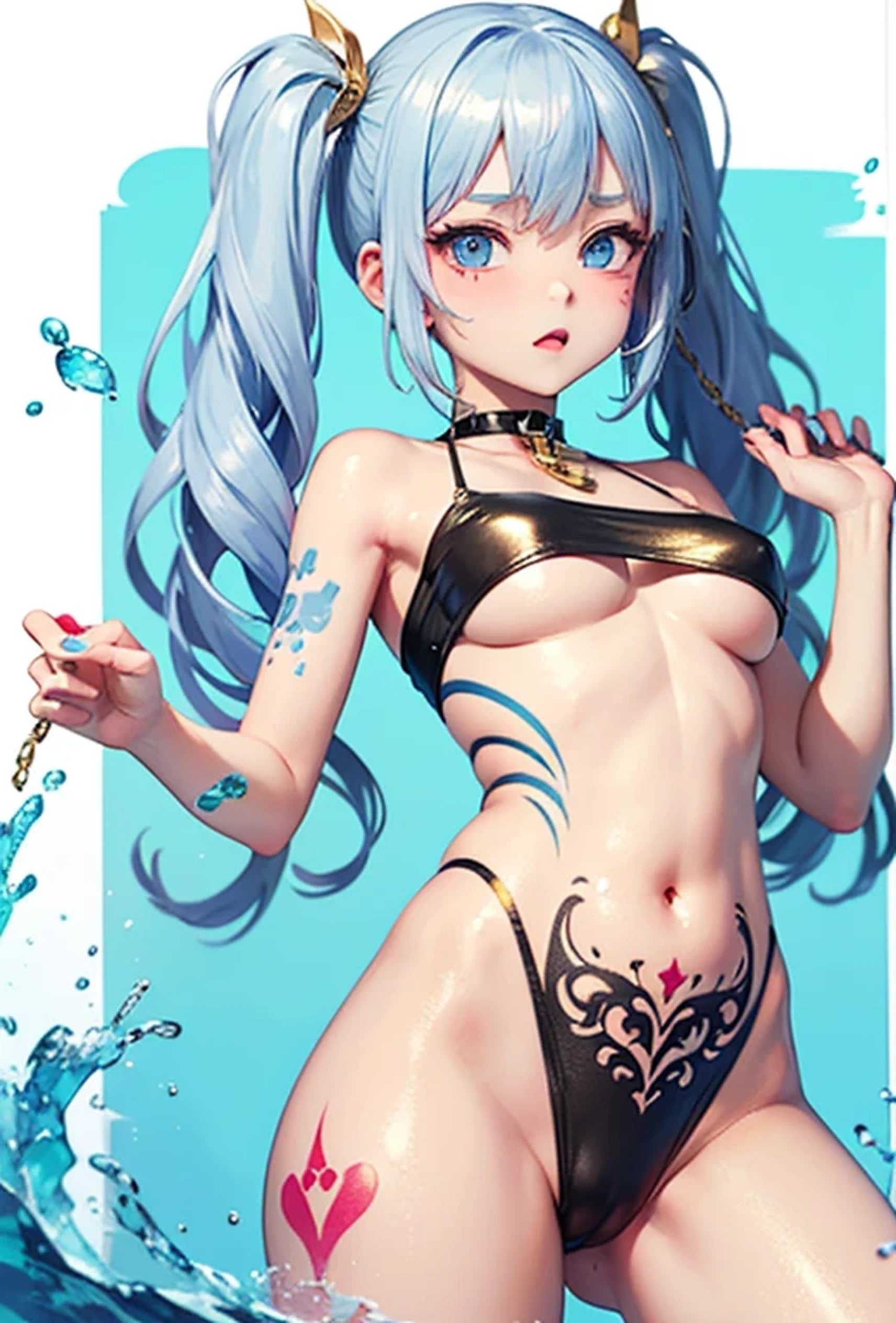 (Super detailed、Ultra-high resolution、8K masterpiece、Vibrant colors)、((Flat Color))、((Floating water))、summer、coastal、 A woman in a sexy swimsuit、(Angle from below)、(Gold chain accessories on the body)、Randomly open your legs、Random Sexy Poses、Sweaty、 ((body paint、Pop tattoo on thigh))、Big Breasts、 (Tight swimsuit、choker)、Nipple shape、cameltoe、Beautiful hip line、Butt、nude、 (Twin tails、Vermilion, blue, silver, golden hair、hair ornaments)、Beautiful blue eyes、Beautiful red lip、(Reluctant、Bad mood)、 TWICE's Tzuyu' on pause