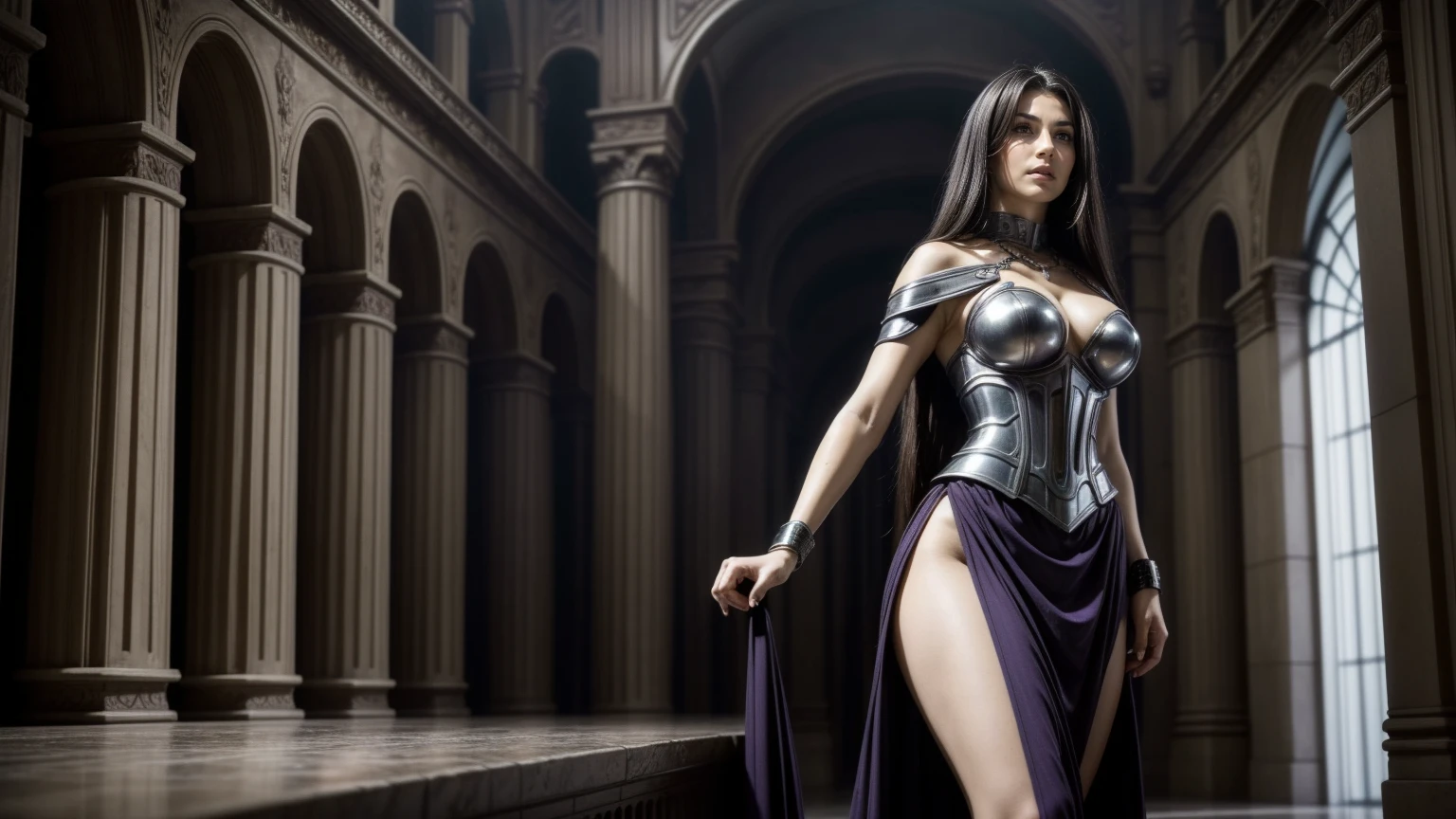 ((official art)), 1girl, 14 yo, solo, full body shot, (huge breasts), large breasts, small waist, wide hips, thick thighs, glossy lips, deep cleavage, large breasts, masterpiece, 14 yo girl, bare_shoulder, cleavage, bare shoulders, collarbone, flowing skirt, big thighs, glowing hair, floating hair, long hair, long dress, sleeveless, (translucent dress), (transparent dress), thin dress, floating hair, long dress, (((slit skirt))), side boob, dynamic pose, overflowing large breasts, slim body, curvy, wide hips, thigh highs, stockings, very long hair, black hair, purple eyes, choker, fingerless gloves, black footwear, high heels, bracelet, thigh strap, armor, side slit, breastplate, necklace, jewelry, nail polish, (((purple eyes))), (standing), shot from behind,
BREAK,
perfect eyes, expressive eyes, extremely detailed eyes, beautiful eyes, expressive eyes, gradient eyes, glistening eyes, perfect eyes, extremely detailed face, expressive face, perfect face, extremely detailed hands, extremely detailed fingers, perfect hands, perfect fingers, extremely detailed body, perfect anatomy, extremely detailed physique, glossy hair, glossy skin, extremely detailed hair, extremely detailed clothing, extremely detailed accessories, detailed background, intricate background, detailed scenery, perfect scenery,
BREAK,
full body shot, masterpiece, photorealistic, best quality, extremely detailed CG unity 64k wallpaper, ultra-high resolution, ultra-high definition, maximalist, 64k UHD, highres, intricate, intricate details, absurdres, highly detailed, finely detailed, ultra-detailed, ultra-high texture quality, DLSR, RTX, (HDR), detailed textures, ultra-high pixel detail, professionally color graded, full color depth, sharp focus, volumetric lighting, natural shadow, dramatic shading, dramatic lighting,