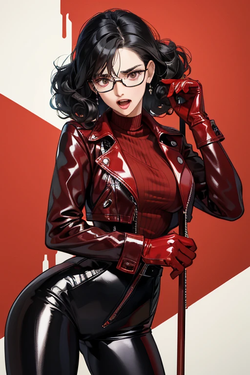 A mature woman with black hair, natural curls, and glasses, wearing red patent leather gloves, a black leather jacket, and black patent leather leggings, crying and screaming as she puts her hands on the wall and sticks out her buttocks