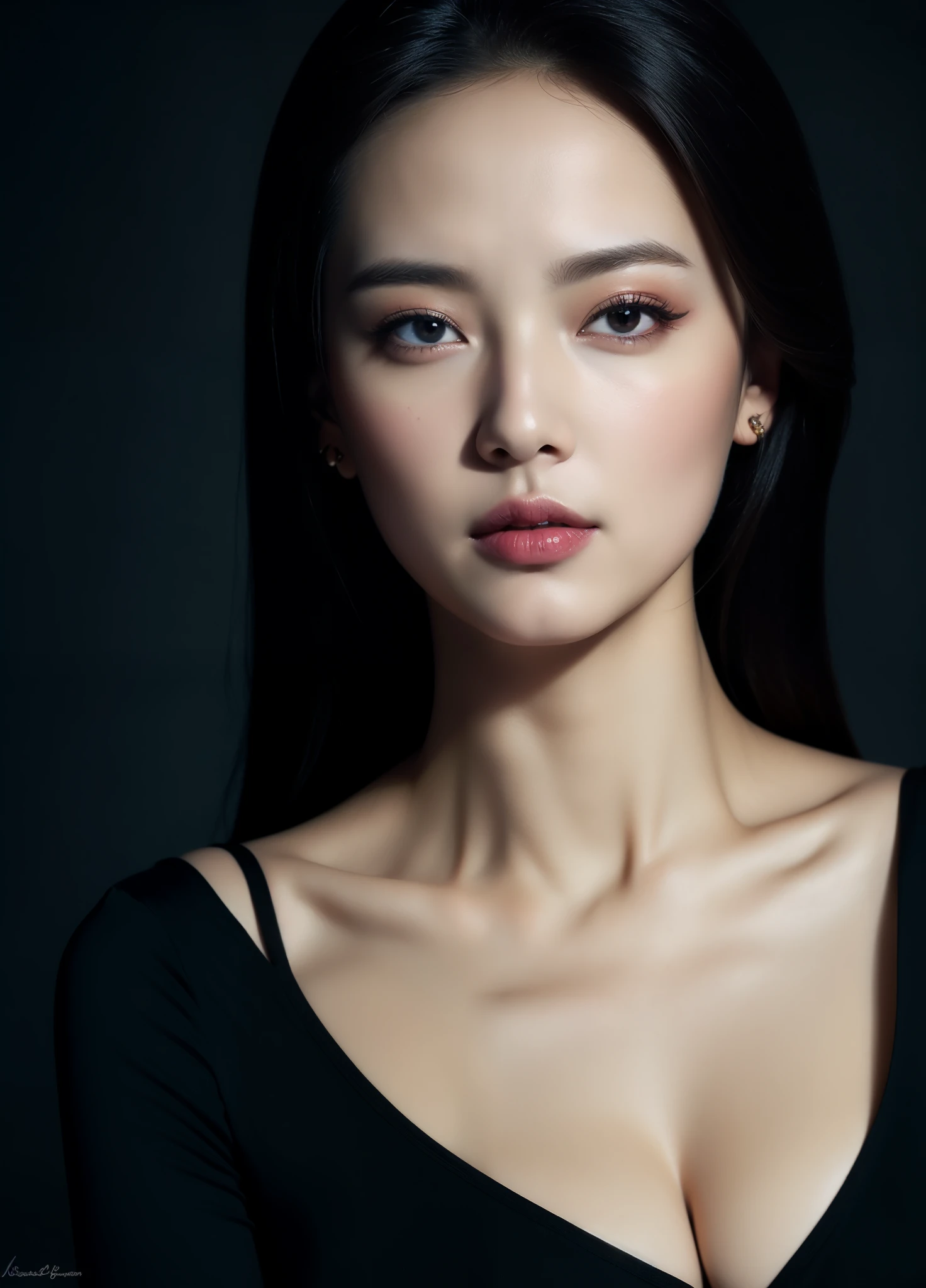 masterpiece,best quality, (one lady), ((portrait:1.5)), makeup, elegant black shirt, lewd, erotic, touch own chest, ((seduction expression)), ,background black