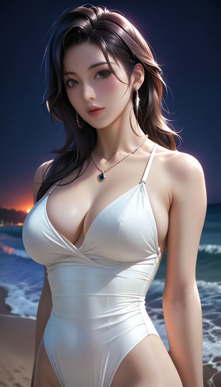 score_9, score_8_superior, score_7_superior, Masterpieces with up to 16K resolution,Highest quality,it is really amazing,Very detailed,Ultra-high resolution,(Ultra-realistic:1.1),(Realistic:1.1),Increased depth of field,Cinematic lighting,
Elegant Japanese MILF,
Long black hair,Ultra-detailed and beautiful faces,Translucent white skin,Very detailedな肌,
(Elegant white swimsuit:1.1),
Bold design,Artistic design,Beautiful and detailed pattern,Detailed fabric texture,
Gorgeous necklace,Earrings,
(Bali Beach:1.1),(Dark beach at night:1.1),(Deserted beach:1.1),(A pitch black night sky with dark clouds:1.1),
(Dramatic Angle:1.1),