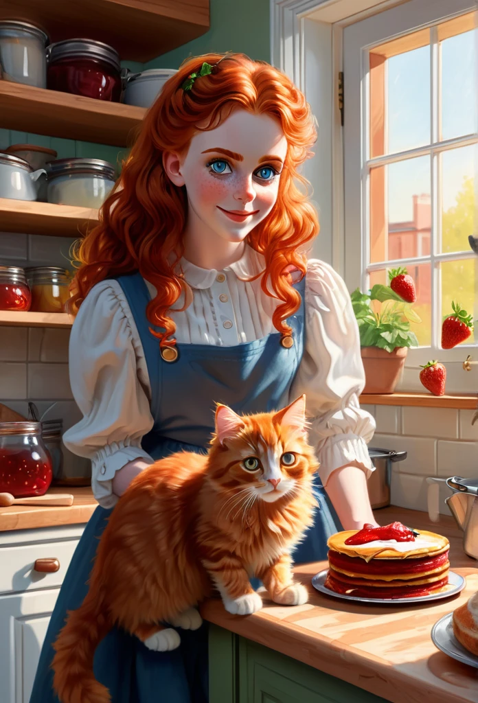 red-haired girl [Elizabeth II:Maude Adams:0.45] with her full sized  red mainecoon cat, (best quality, masterpieces, ultra-detailed), beautiful detailed eyes, beautiful detailed lips, longeyelashes, vibrant colors, illustrative style, oil painting texture, flowing red hair, at her cozy craftman style kitchen making pancake, cluterry on the shelf, honey and strawberry jam in a clear jars, soft sunlight, lively expression, joyful interaction with the cat, dynamic pose, realistic rendering.