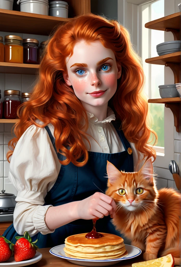 red-haired girl [Elizabeth II:Maude Adams:0.45] with her full sized  red mainecoon cat, (best quality, masterpieces, ultra-detailed), beautiful detailed eyes, beautiful detailed lips, longeyelashes, vibrant colors, illustrative style, oil painting texture, flowing red hair, at her cozy craftman style kitchen making pancake, cluterry on the shelf, honey and strawberry jam in a clear jars, soft sunlight, lively expression, joyful interaction with the cat, dynamic pose, realistic rendering.