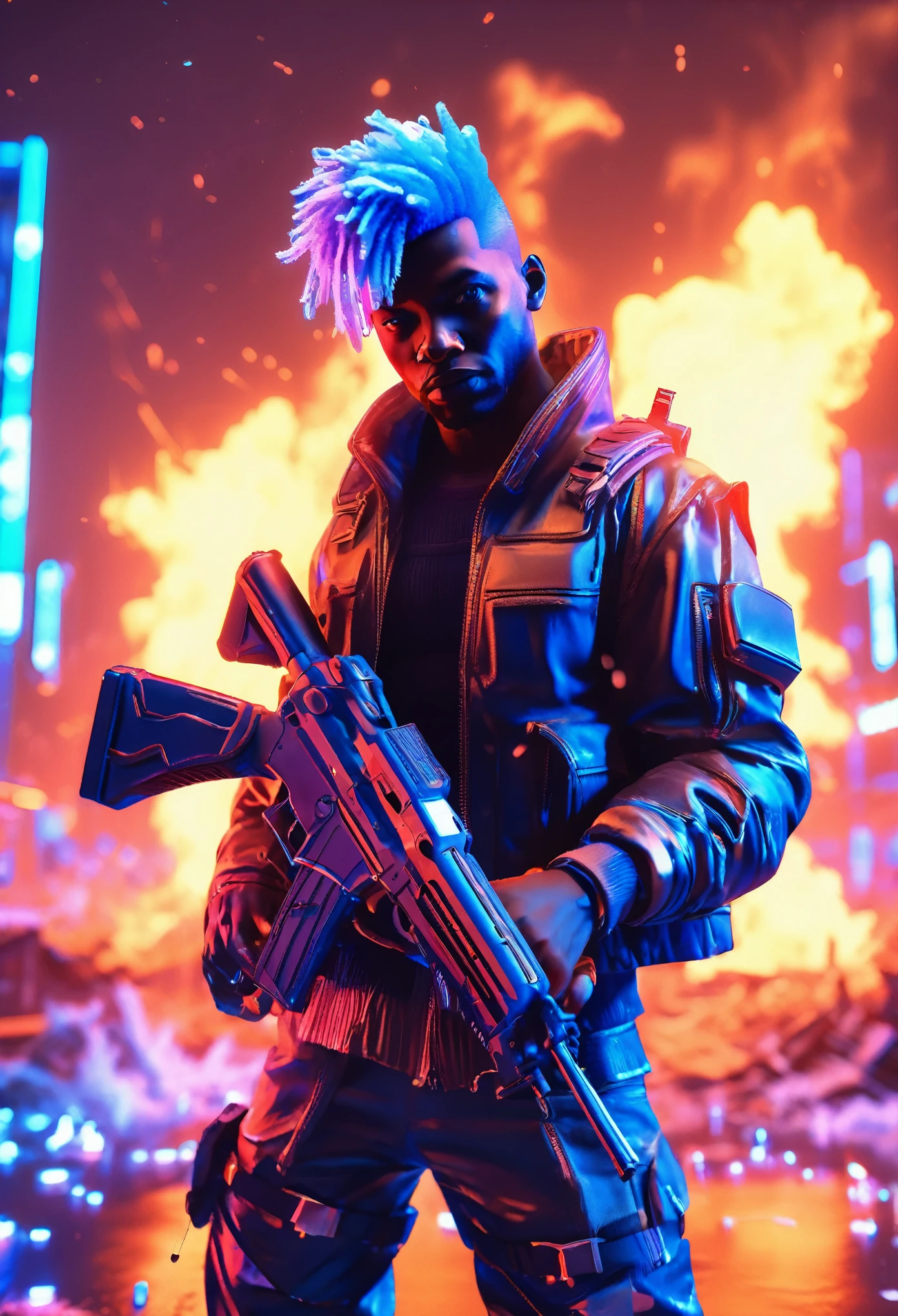 ((point of view shot)), A black man standing in the middle of a heavy blue tsunami, heavy blue winds passing by him, destroyed building particles being blown by the wind past him, (((holding a gun up))) with an (((unreal engine 32k resolution)))); (glowing neon light particles) (((cute, smaal details)))); ((neon lit futuristic clothes)), (((neon glowing hair))), 32k, cinematic lighting, unreal engine 5
