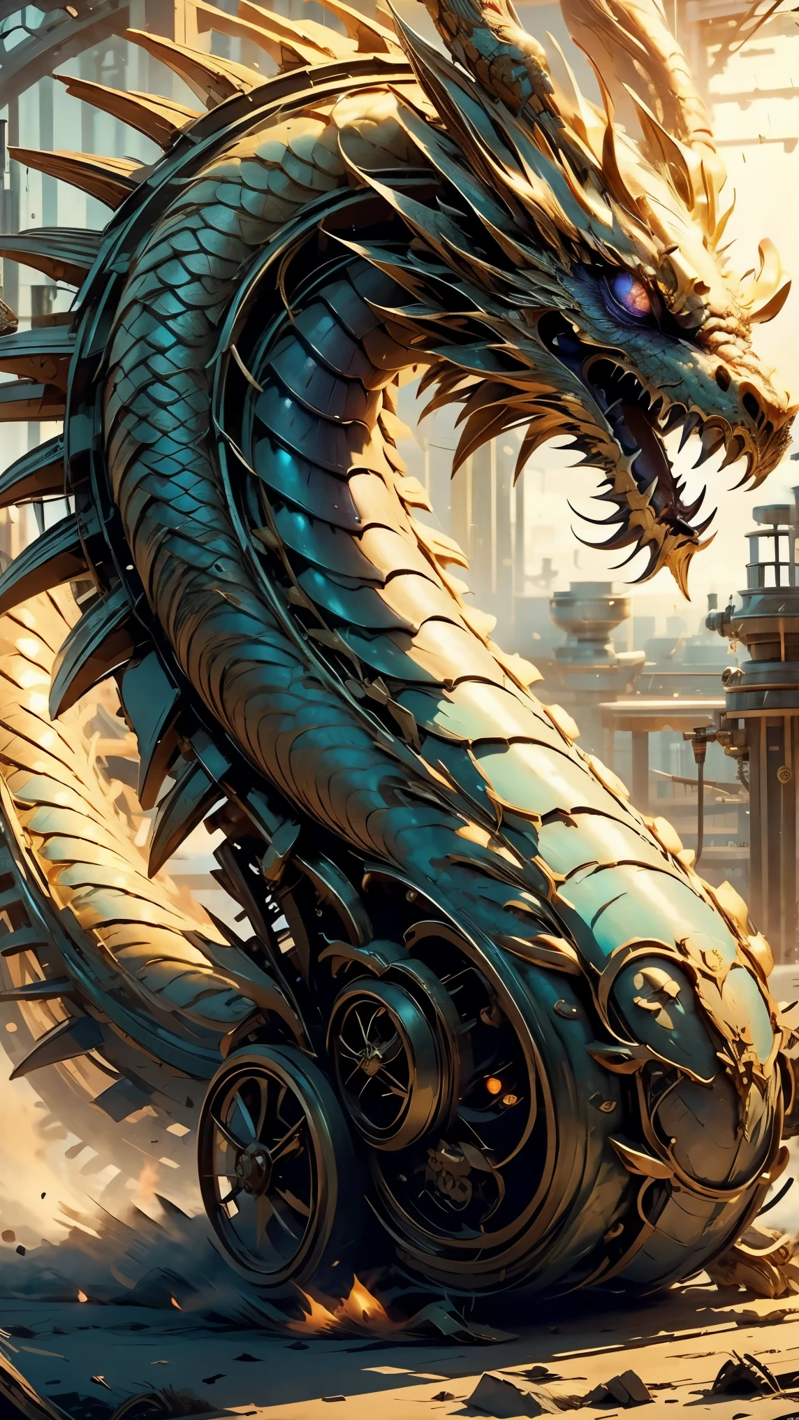 A mechanical dragon made of gears, fiery eyes, logo detailed image, fundo cinza
