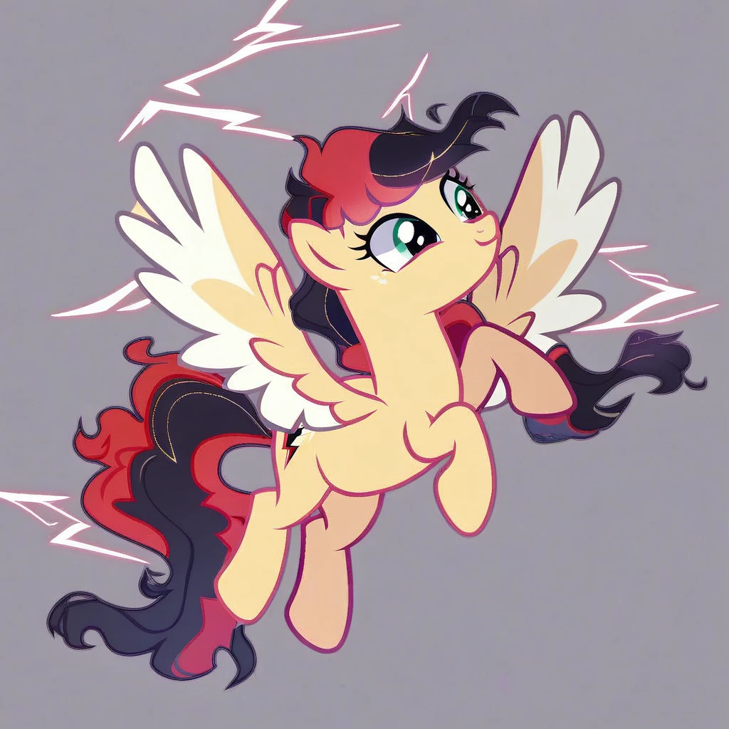 score_9, score_8_up, score_7_up, score_6_up, score_5_up, score_4_up, show accurate, full body, simple background, feral pony, female pony, cute appearance, cute outfit, competitive look, cutiemarck of a cloud with lightning, pegasus, original character