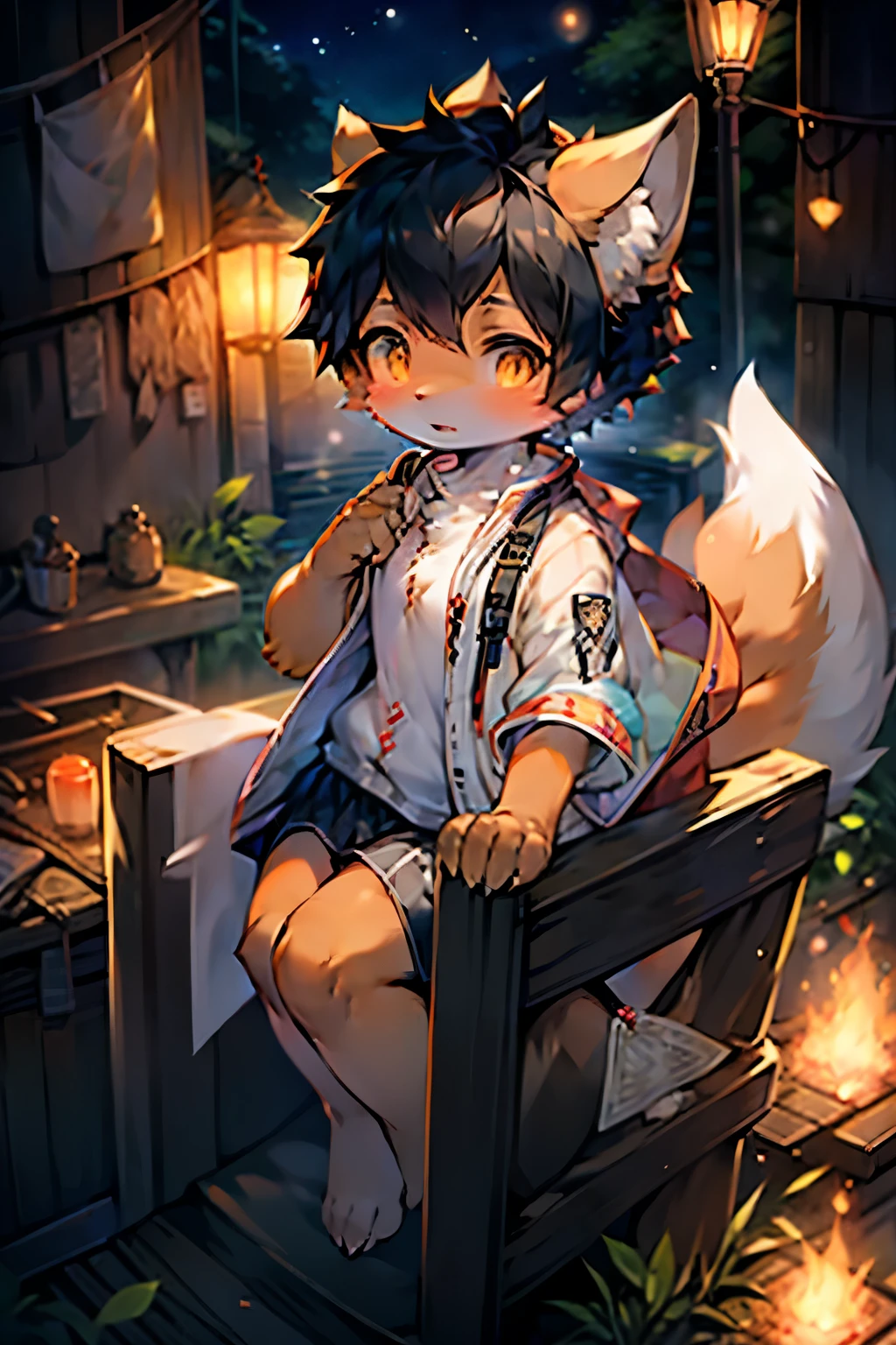 Fox Girl,Furry girls,Baby girl characteristics,Black hair,Orange Skin,White vest,Short skirt