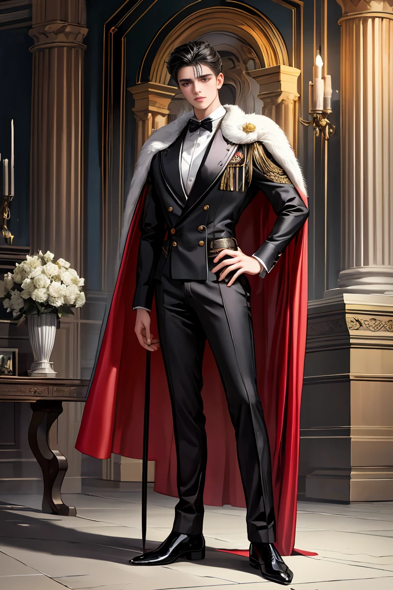 
masterpiece, 最high quality, high quality, 1 boy, alone, Male focus, Watching the audience,  Messy black hair, Adorable big blue eyes, White, Noble, Noble,A sexy, voluminous, puffy cape、tuxedo、A very voluminous, large, very large, very large, long, long red and black cape with a high stand-up collar, made of a lot of fabric that reaches down to the floor., 17 years old,Cute beautiful boys,Cute, cute, kind, handsome guy
