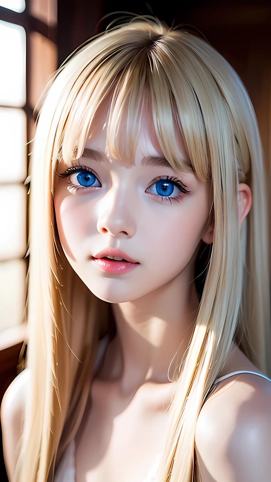 Very beautiful blonde girl、Large, very bright, whitish light blue eyes that shine beautifully、Very big eyes、Extremely white, bright, young skin、Small Face Beauty、Round face、Super long, very beautiful, super long, straight, silky blonde hair、Very pretty bangs that fall on the face、Cute and beautiful face、Very cute 15 year old girl
