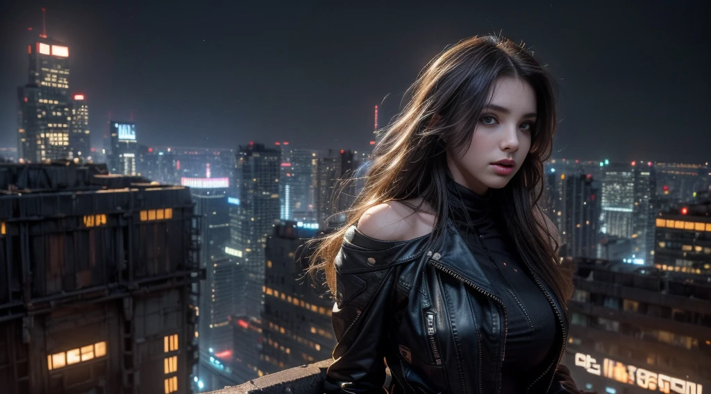 ((masterpiece, best quality, Highest image quality, high resolution, Reality, RAW photos, 8K)), Bustling future city night scene，Girl standing on the roof，Tight leather jacket，Off-shoulder，Large Breasts，Long hair，Pretty face，Closed mouth，dramatic，Upper Body，（midnight）