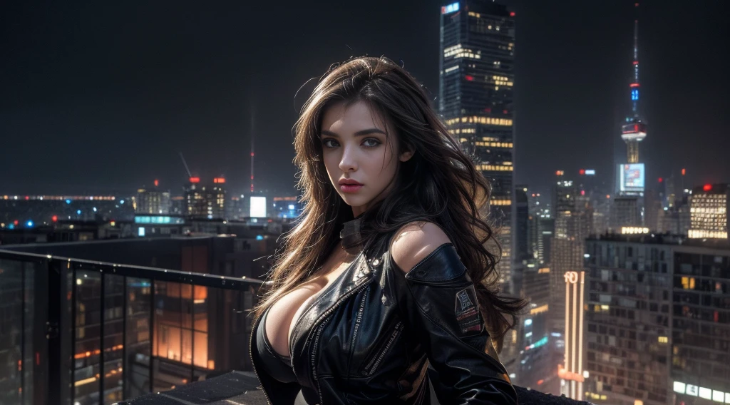((masterpiece, best quality, Highest image quality, high resolution, Reality, RAW photos, 8K)), Future city ruins,standing on top of the building,Beautiful girl,Tight leather jacket,Off-shoulder,Large Breasts,Long hair,Black Wings,Pretty face,Closed mouth,dramatic,Mid-range portrait,dusk