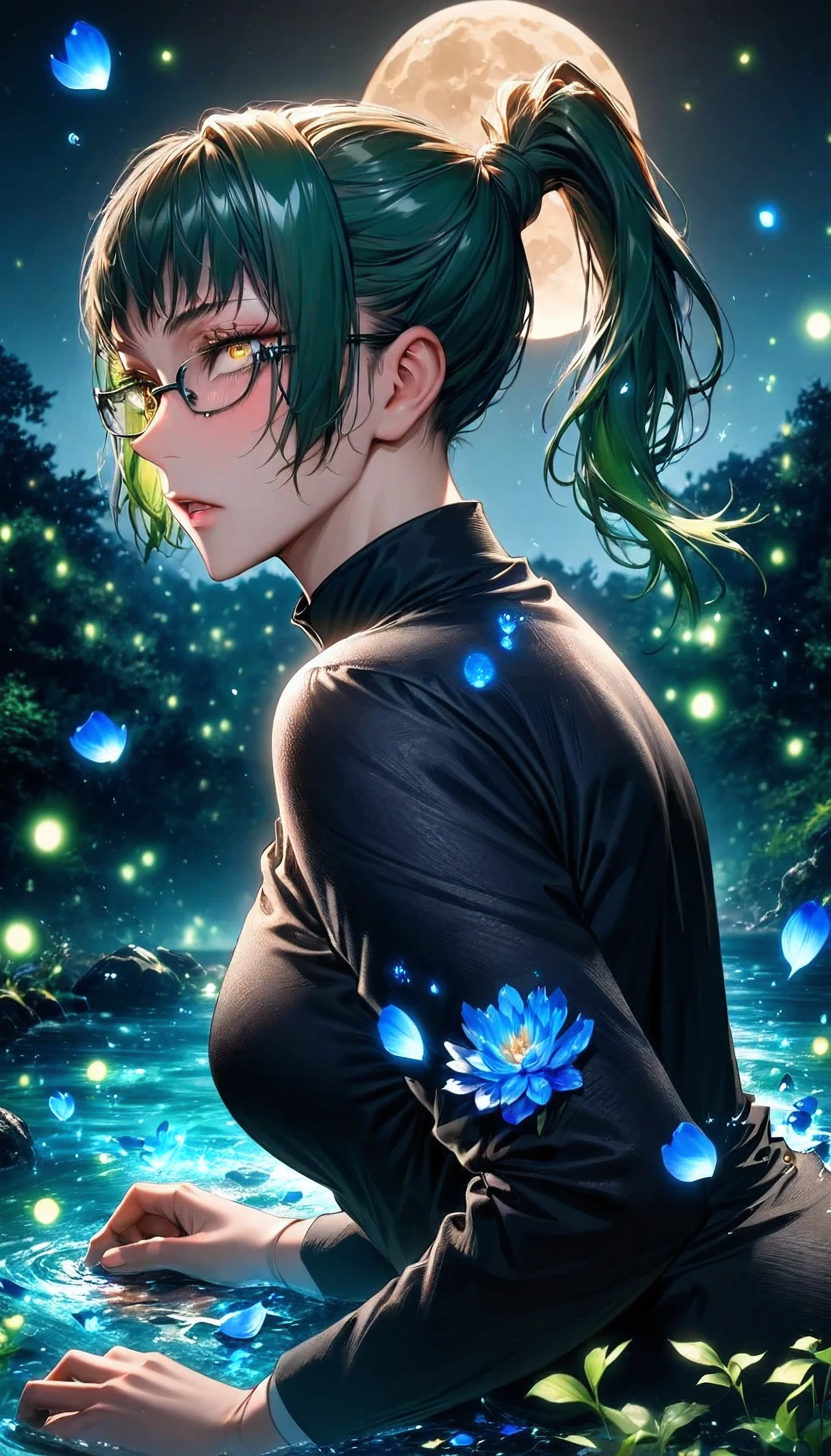 absurdres, highres, ultra detailed, HDR, master piece, Zenin Maki, expressive yellow eyes, green hair tied in a ponytail, black glasses, Jujutsu Kaisen, woman, water, extremely beautiful, best quality, flowers, fantasy, magical, solo, blue shining fireflies, blue petals, black shirt, blue moon