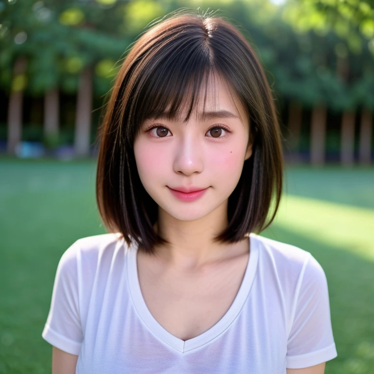 NSFW, (kawaii 18 year-old Japanese girl, Nogizaka idol, Korean idol, soccer player), healthy female athlete body, (glossy black hair, short hair, pixie cut, bangs:1.3), (rounded face, beautiful black eyes, single eyelid, no makeup, embarrassed, noseblush:1.2), (wearing soccer uniform), extra small breasts, BREAK, (park background, turf, summer daytime, warm sunlight), (dynamic angle, bust shot),  BREAK, (masterpiece, best quality, photo realistic, official art:1.4), (UHD, 8K quality wallpaper, high resolution, raw photo, golden ratio:1.3), (shiny skin), professional lighting, physically based rendering, award winning, (highly detailed skin, extremely detailed face and eyes), Carl Zeiss 85 mm F/1.4, depth of field, 1girl, solo,