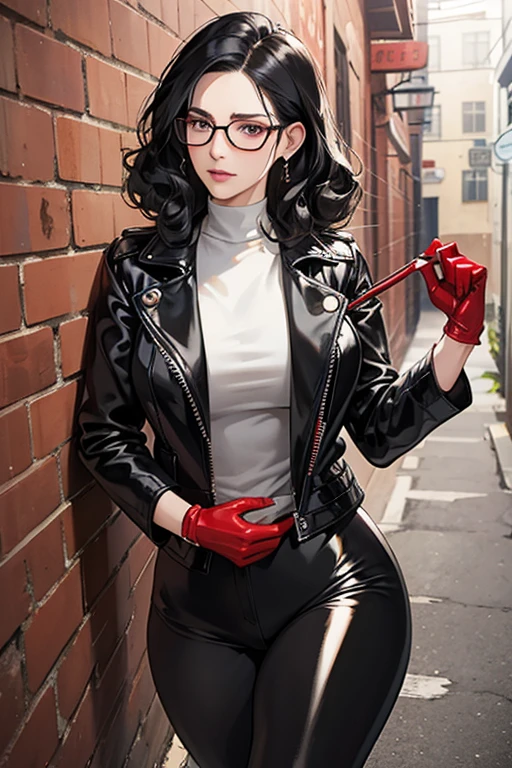 In an alleyway, a mature woman with black hair and glasses and natural curls puts on red patent gloves, a black leather jacket, and black patent leggings, and puts her hands on the wall and sticks out her buttocks while crying.