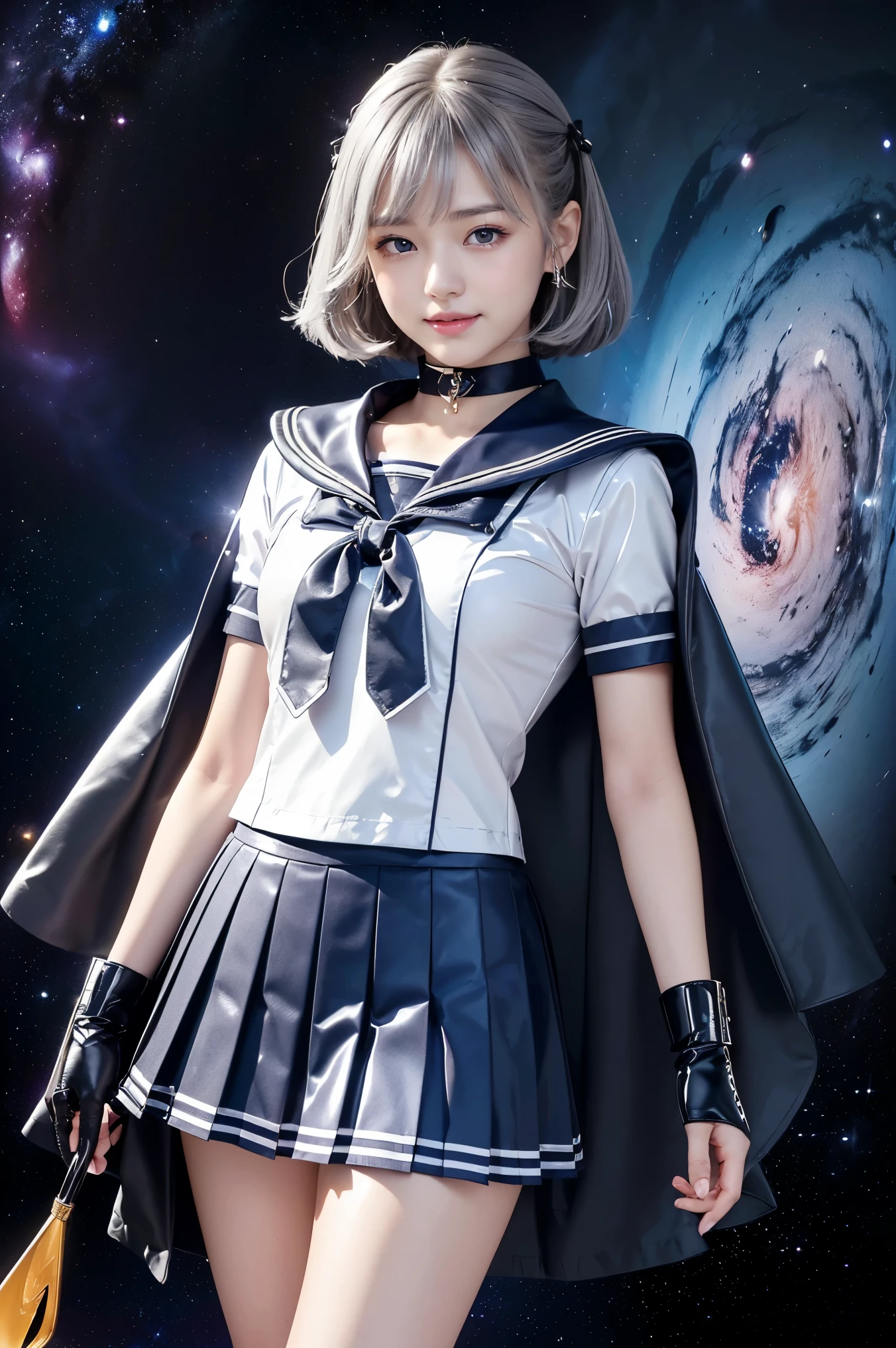 (((Gray Ash Hair)))、(((A -yeld Jaese girl wearing a shiny short-sleeved sailor uniform with elbow gloves and a cloak over it.,smile)))、(((Grey latex sailor collar)))、(((Grey latex pleated skirt)))、choker、Earrings、ribbon、belly button、 (((Sailor Warrior Uniforms)))、、Beautiful ornaments: 美しいPerfect Face, Soft Skin、Perfect Face, Intricate details, Splash screen, 8k resolution, masterpiece, Cute Face、(((Space Background))、Queen of Queenasterpiece, Highest quality, Highest quality, Official Art, Beauty and aesthetics: 1.2), (One girl: 1.3)