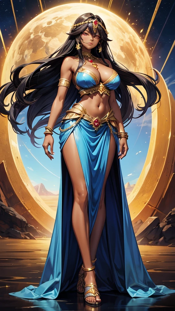 Dark-skinned adult woman with long straight hair, huge breasts，gold ruby head chain，Squinting eyes，Blue silk clothing，Bare shoulders，Bracelet，cleavage，transparent long skirt，Bare Legs，sandals，Standing，river，desert