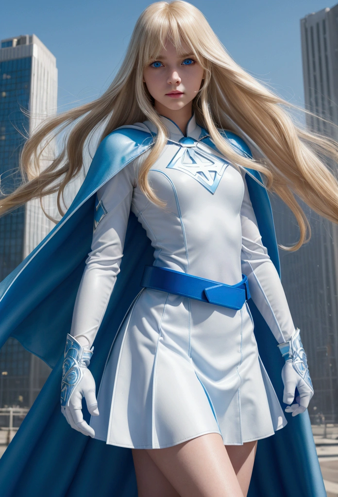 young girl with long straight blonde hair with a bang, blue eyes, white superhero costume, blue gloves, light blue cape and skirt, long sleeves, light blue belt, city background
