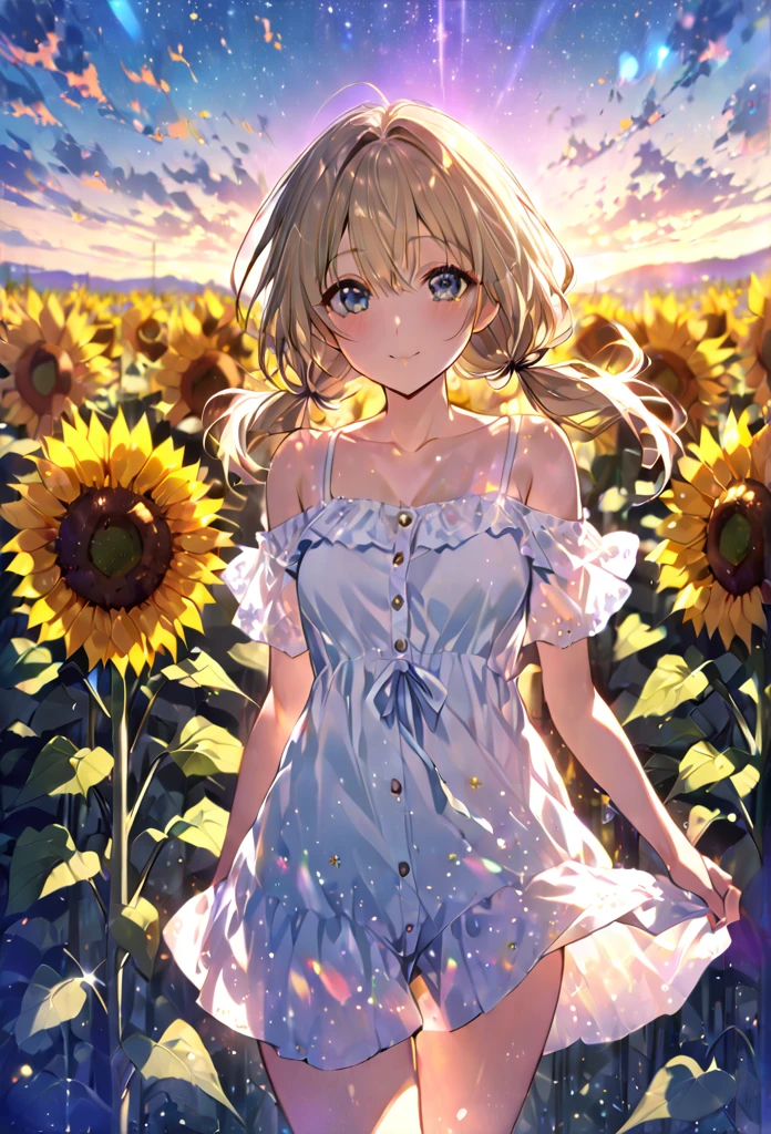 sunflower　sunflower畑　White dress　Straw hat　youth　summer　Emotional　blue sky　Best Quality, Masterpiece, Ultra High Resolution, (Realisticity: 1.4), Original Photo, 1girl, Pink Off-the-Shoulder, Cinematic Lighting
