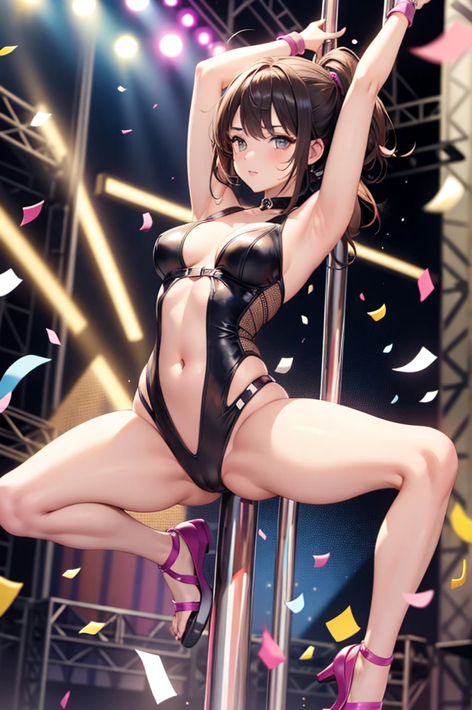 1girl, (pole dancing:1.2), squatting, open legs, arms behind head, stage,confetti