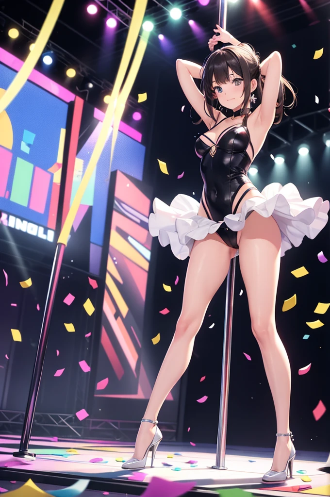 1girl, (pole dancing:1.2), squatting, open legs, arms behind head, stage,confetti