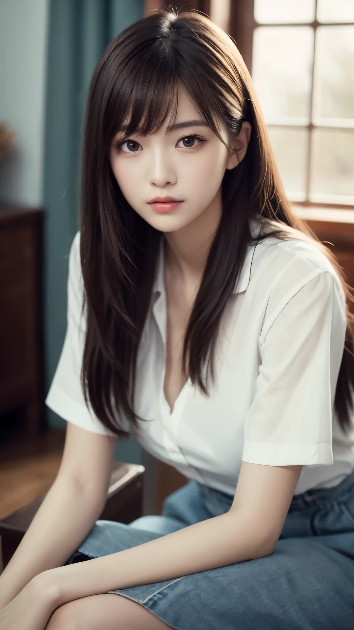((best qualtiy、8k masterpieces:1.3))、foco nítido:1.2、(ultra beautiful faces:1.0)、(shinny skin:1.0)、photos realistic、A dark-haired、Video Lighting、High-definition eyes and face、Video Lighting、(cowboy shot:1.3)、(Korean Cute Actress)、from the front side、medium large breasts、ssmile、Sleeveless、Slender Abs Beauty、Wearing a white blouse