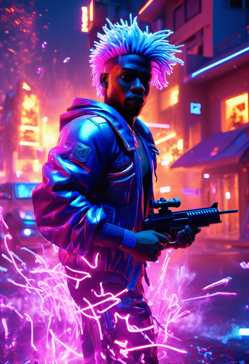 ((point of view shot)), A black man standing in the middle of a heavy blue tsunami, heavy blue winds passing by him, destroyed building particles being blown by the wind past him, (((holding a gun up))) with an (((unreal engine 32k resolution)))); (glowing neon light particles) (((cute, smaal details)))); ((neon lit futuristic clothes)), (((neon glowing hair))), 32k, cinematic lighting, unreal engine 5