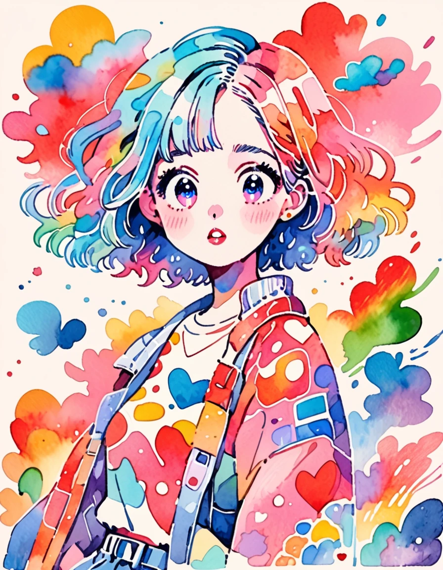 Mika Pikazo colorful Style、(((stylish fashion))), 8K Quality、Intense watercolor, Detailed watercolor art, Watercolor splash, Surreal, avant-garde pop art, Beautiful and expressive paintings, Beautiful artwork illustration, Very colorful tones, wonderful, Cool beauty, highest quality、Official Art, Vector art, Stylish design, (((The most beautiful girl))), (((highest quality))), HDR, ((detailed)), (((Doodle Art)), ((masterpiece)), ((Super detailed)), (((Colorful hearts))),(((Stylish))) Lips in love