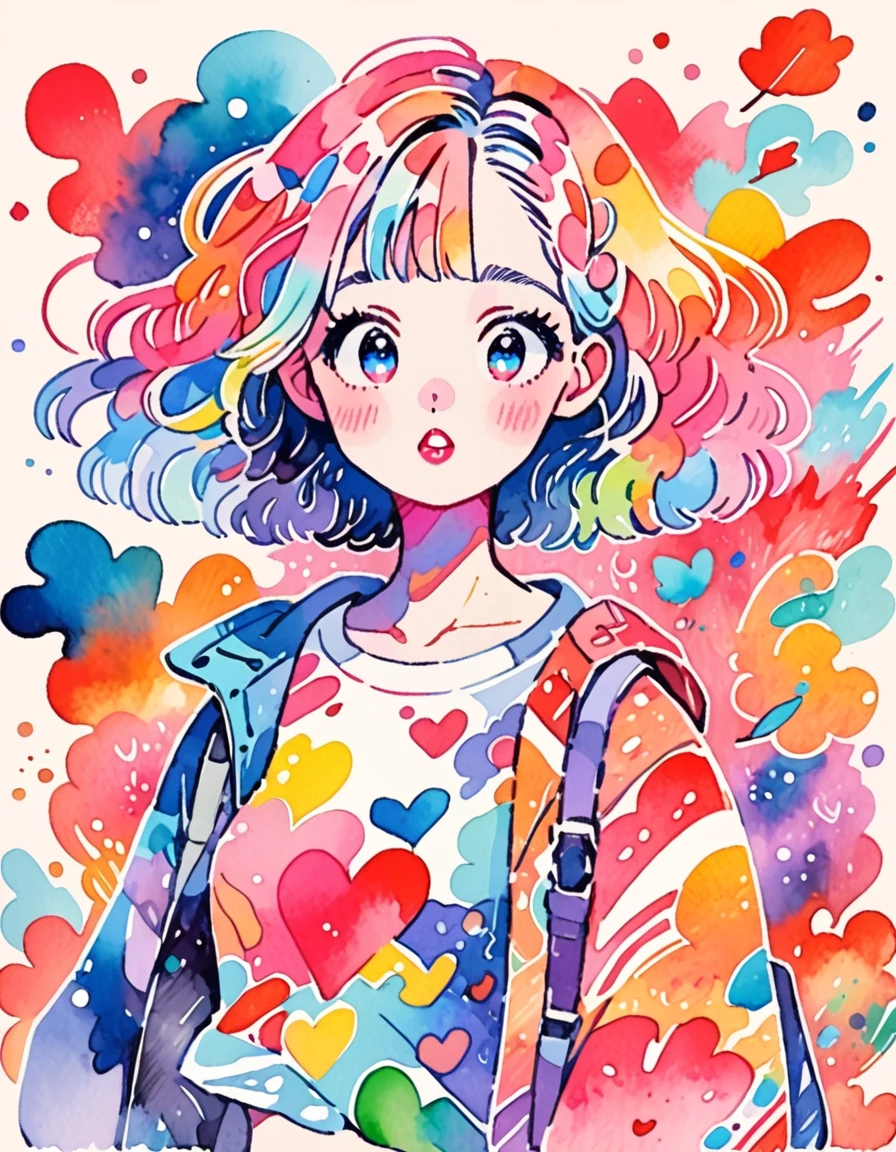 Mika Pikazo colorful Style、(((stylish fashion))), 8K Quality、Intense watercolor, Detailed watercolor art, Watercolor splash, Surreal, avant-garde pop art, Beautiful and expressive paintings, Beautiful artwork illustration, Very colorful tones, wonderful, Cool beauty, highest quality、Official Art, Vector art, Stylish design, (((The most beautiful girl))), (((highest quality))), HDR, ((detailed)), (((Doodle Art)), ((masterpiece)), ((Super detailed)), (((Colorful hearts))),(((Stylish))) Lips in love