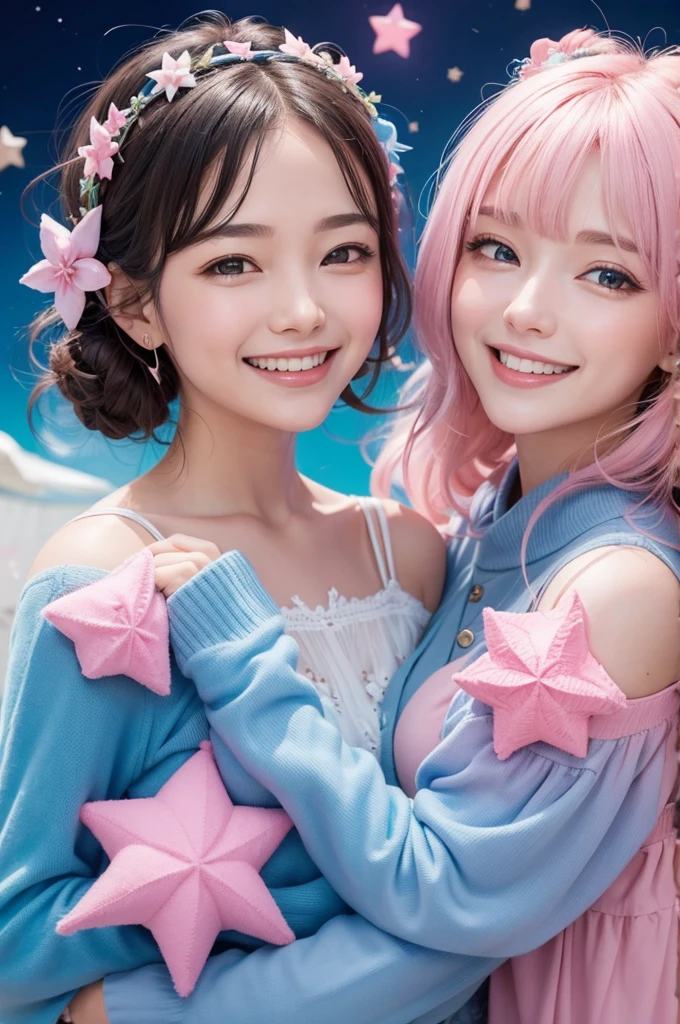 A blooming pink star and a blooming blue star together and happy