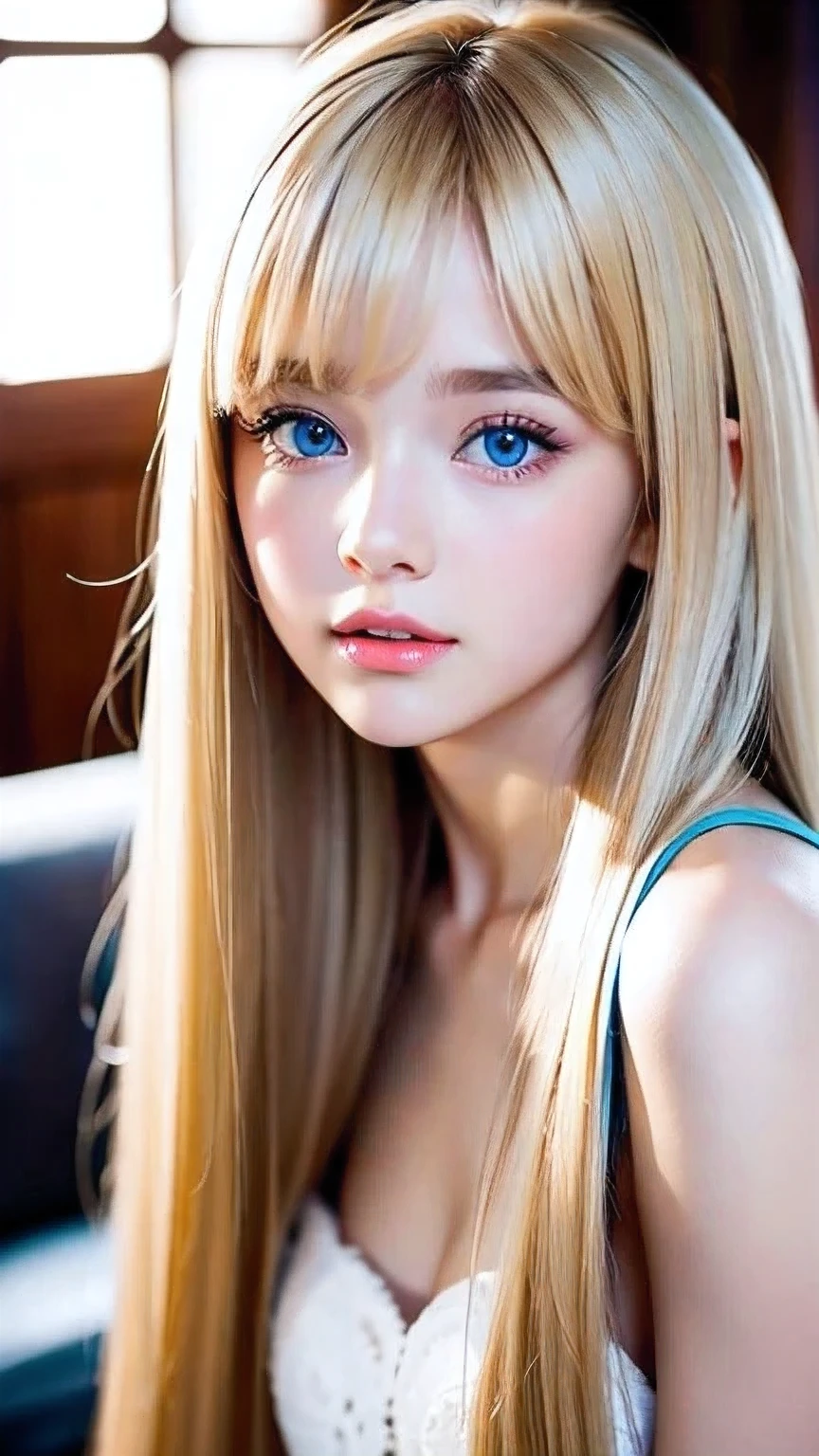 Very beautiful blonde girl、Large, very bright, whitish light blue eyes that shine beautifully、Very big eyes、Extremely white, bright, young skin、Small Face Beauty、Round face、Super long, very beautiful, super long, straight, silky blonde hair、Very pretty bangs that fall on the face、Cute and beautiful face、Very cute 15 year old girl、Cheek gloss highlighter