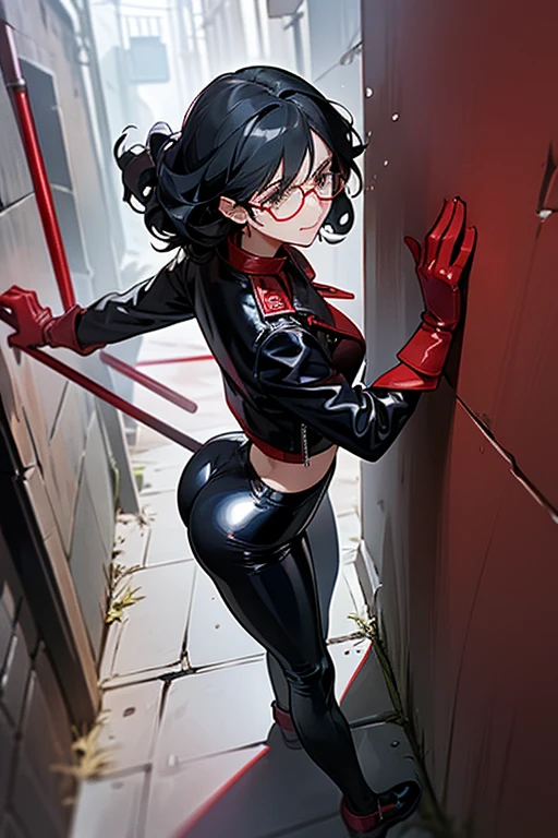 In an alleyway, a mature woman with black hair and glasses and natural curls puts on red patent gloves, a black leather jacket, and black patent leggings, and puts her hands on the wall and sticks out her buttocks while crying.
