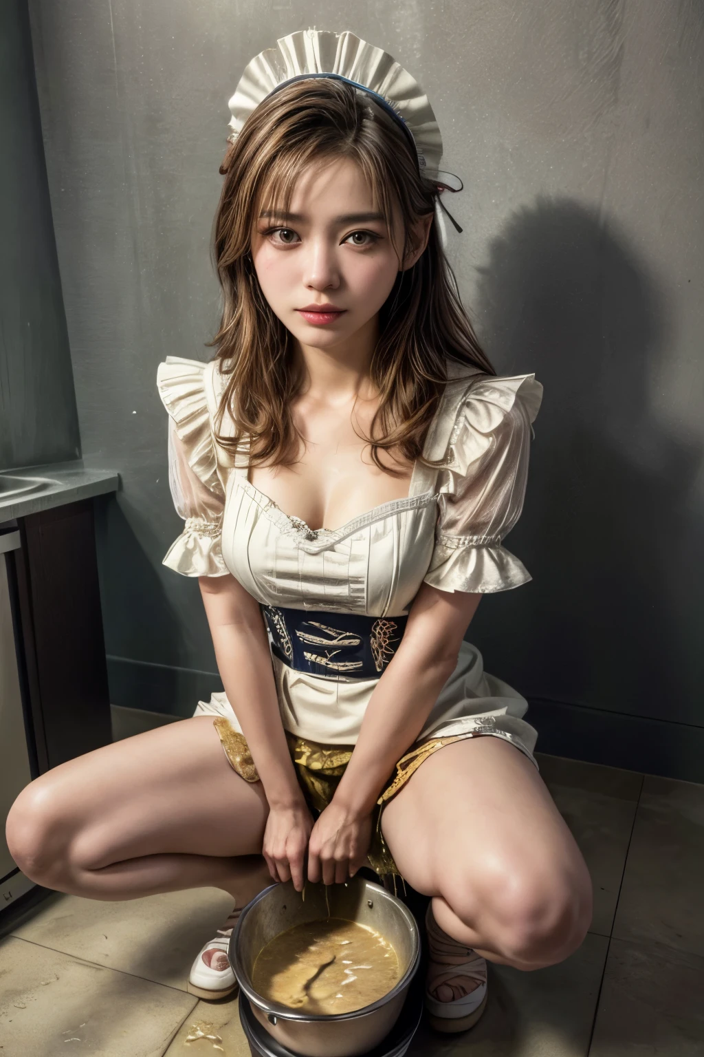 (realistic,photo-realistic:1.4),(masterpiece,best quality:1.2), RAW photo, high resolution, intricate details, extremely detailed, realistic and sharp details, portrait, (view from below), looking at viewer, solo, a Japanese young adult woman, (maid costume, headdress, dress, sweetheart neckline, puff-sleeves:1.4),smaller face, detailed face, detailed eyes, fine textured skin, pale skin, sandals, (peeing self, squatting with spread legs apart and straddling a cooking bowl filled with foods, urination:1.5), photo background, indoors,