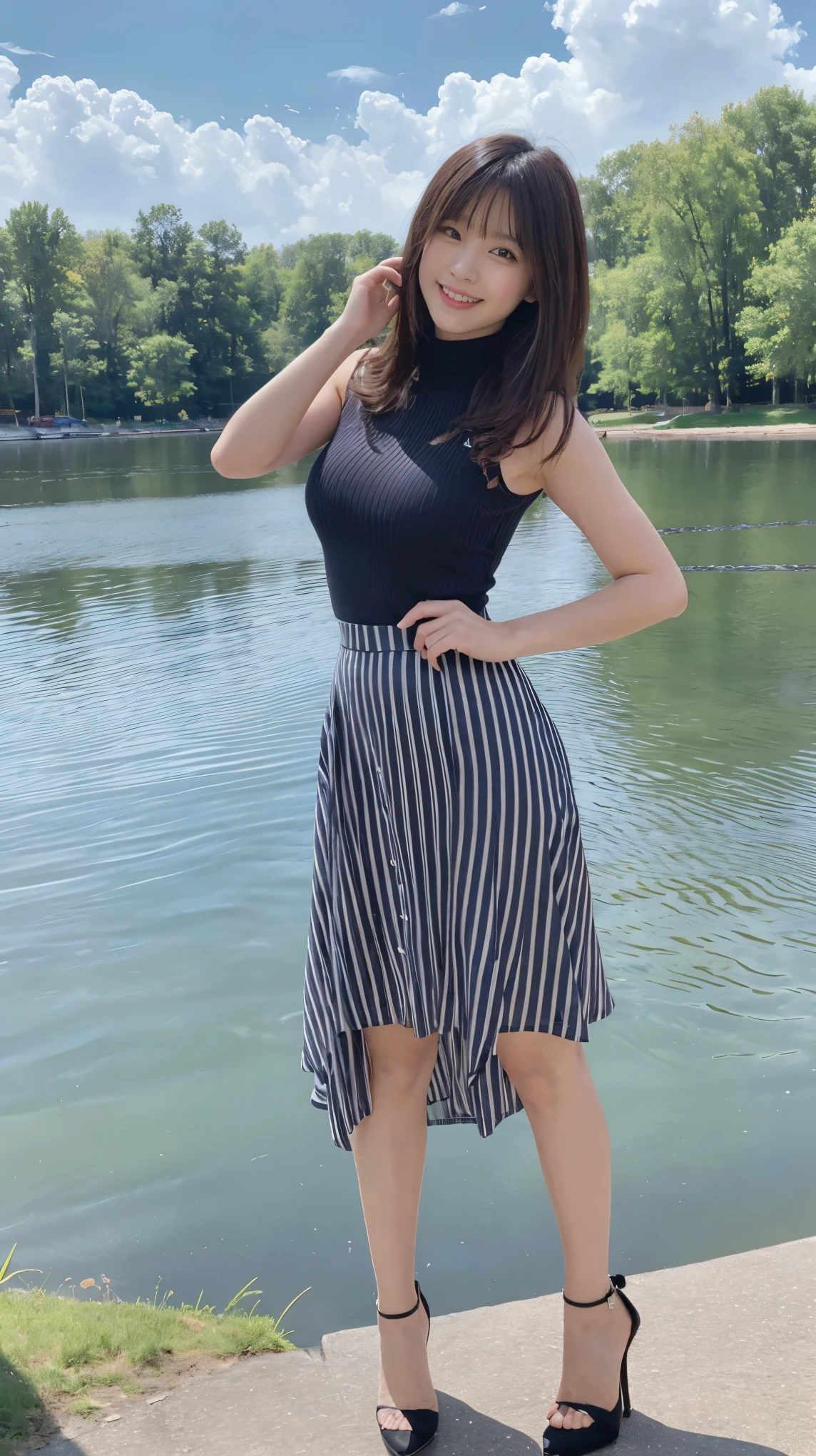 ((masterpiece)),(((Highest quality))),A low-angle shot that highlights her beautiful thighs and crotch:1.5,Long legs,The best smile:1.5,Slim figure:1.5,whole body:1.5,(One Girl:1.3),(Viewer Display:1.4),(Pointy high heels:1.3),(Standing with legs wide apart by the lake:1.2),(Wearing a striped long skirt dress:1.2),Long Curly Hair:1.5,