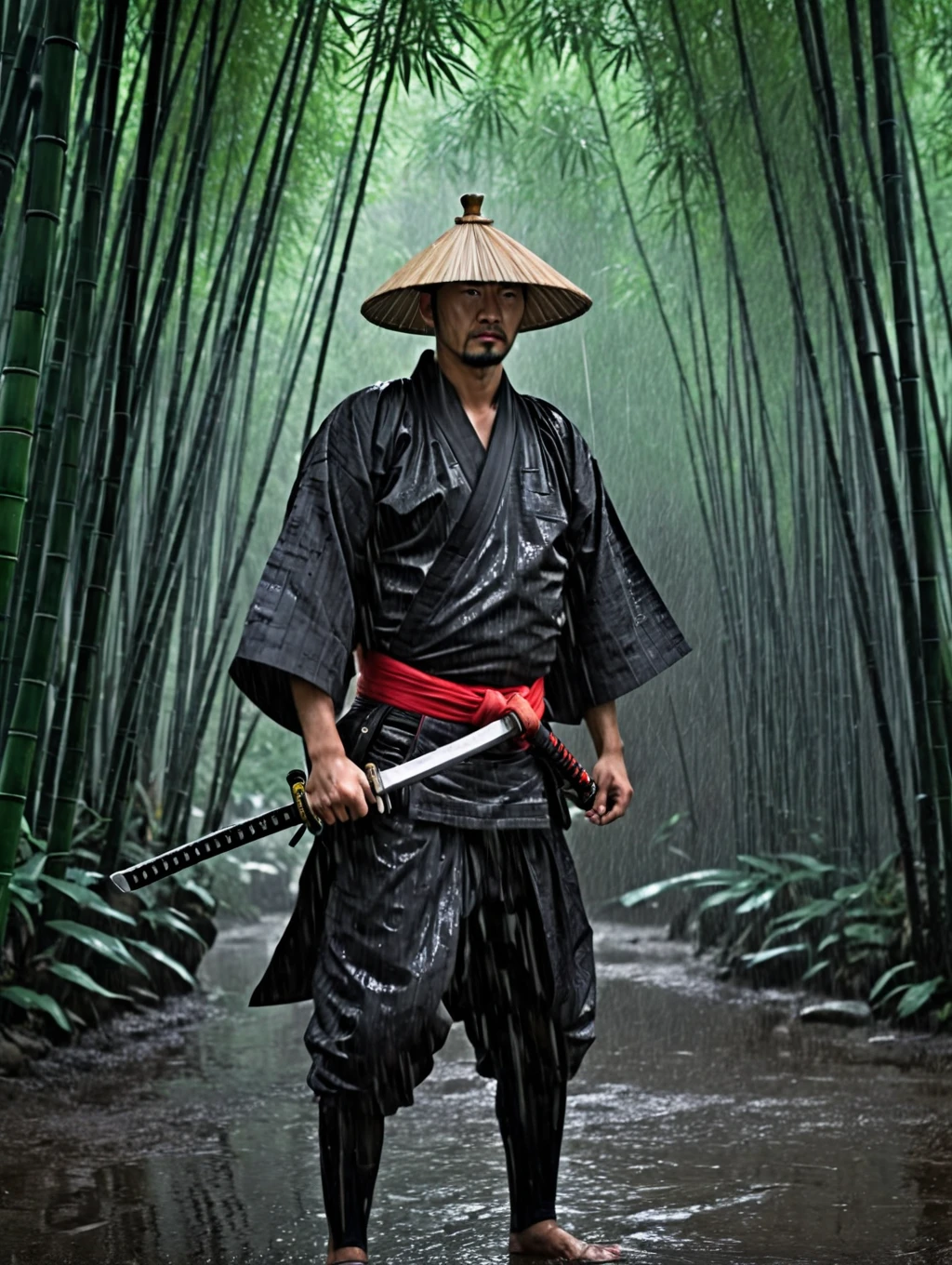 assalto de guerra, tinta colorida, histórias em quadrinhos(best quality, 4k, highres, masterpiece:1.2), ultra-detailed, (realistic, photorealistic, photo-realistic:1.37), a man dressed as a samurai stands in the rain, wearing a bamboo hat (kasa) on his head. He is surrounded by a dense forest, alive with the sounds of nature. It's a moonlit night, and the darkness adds to the mysterious ambiance. The man is wearing a black kimono with neon red stripes that glow in the darkness, making him stand out in the scene. His sword (katana) is unsheathed, ready for action in the face of imminent disasters.