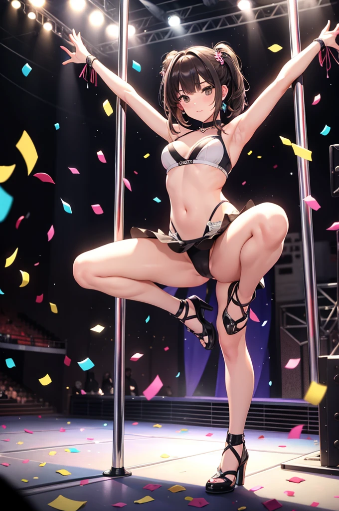 1girl, (pole dancing:1.2), squatting, open legs, arms behind head, stage,confetti