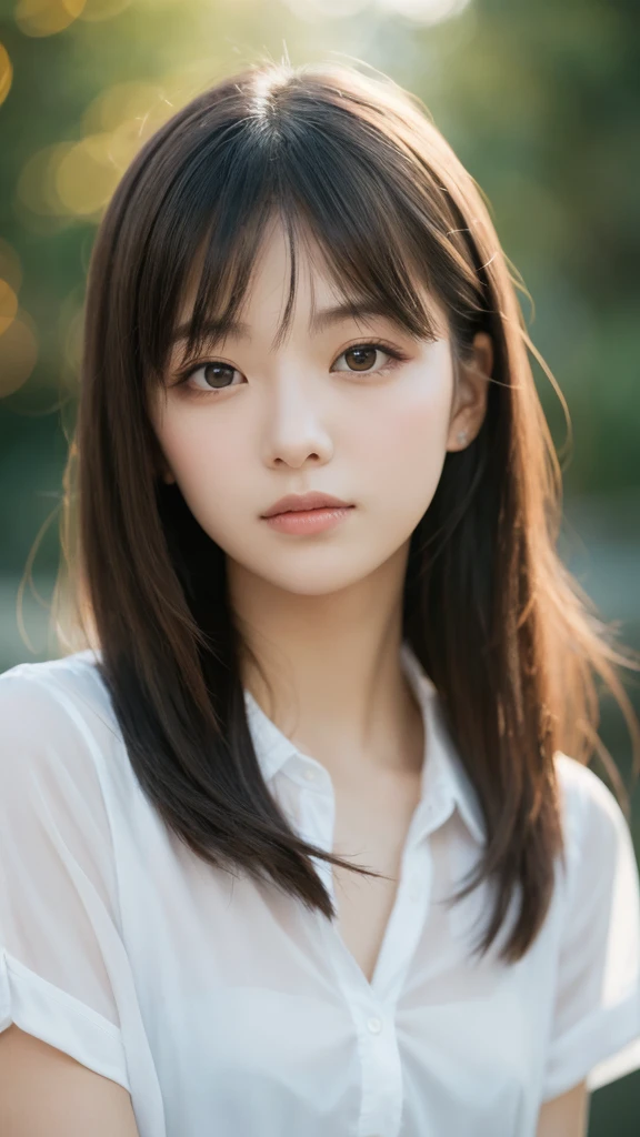 masterpiece, Highest quality, 8k, 1 girl, 20 I, Looking into the camera、((sit))、Vague expression, close, close up of face, alone, cute, Girlish, Delicate girl, Pure beauty,  RAW Photos, Professional photography, Portraiture, Soft Light, Professional Lighting, Backlight, I look forward to seeing you, Sophisticated, Film Grain, (Eye and facial details:1.0), long hair floating, shirt、Beautiful, flowing hair, bangs, whole body