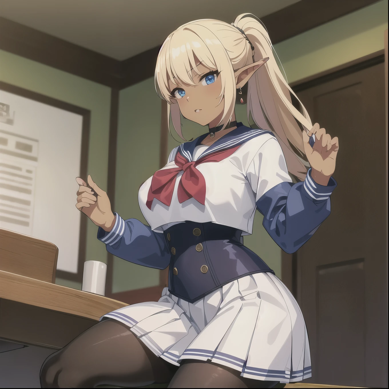 (masterpiece:1.2、Highest quality、Tmasterpiece)、1 female、alone、classroom、Day、stand、whole body、beauty、(blonde)、ponytail、blue eyes、(Oversized Sailor Suit:1.4)、(Dark Skin:1.4)、break、Big Breasts、Big Ass、Long sleeve、corset、Earrings、lipstick、(pantyhose:1.2)、choker、mini skirt、blush、Covered breasts、Bangs braids、(Thick lips:1.2)、(Goblin Riding:1.4), (Goblin riding a girl:1.2)