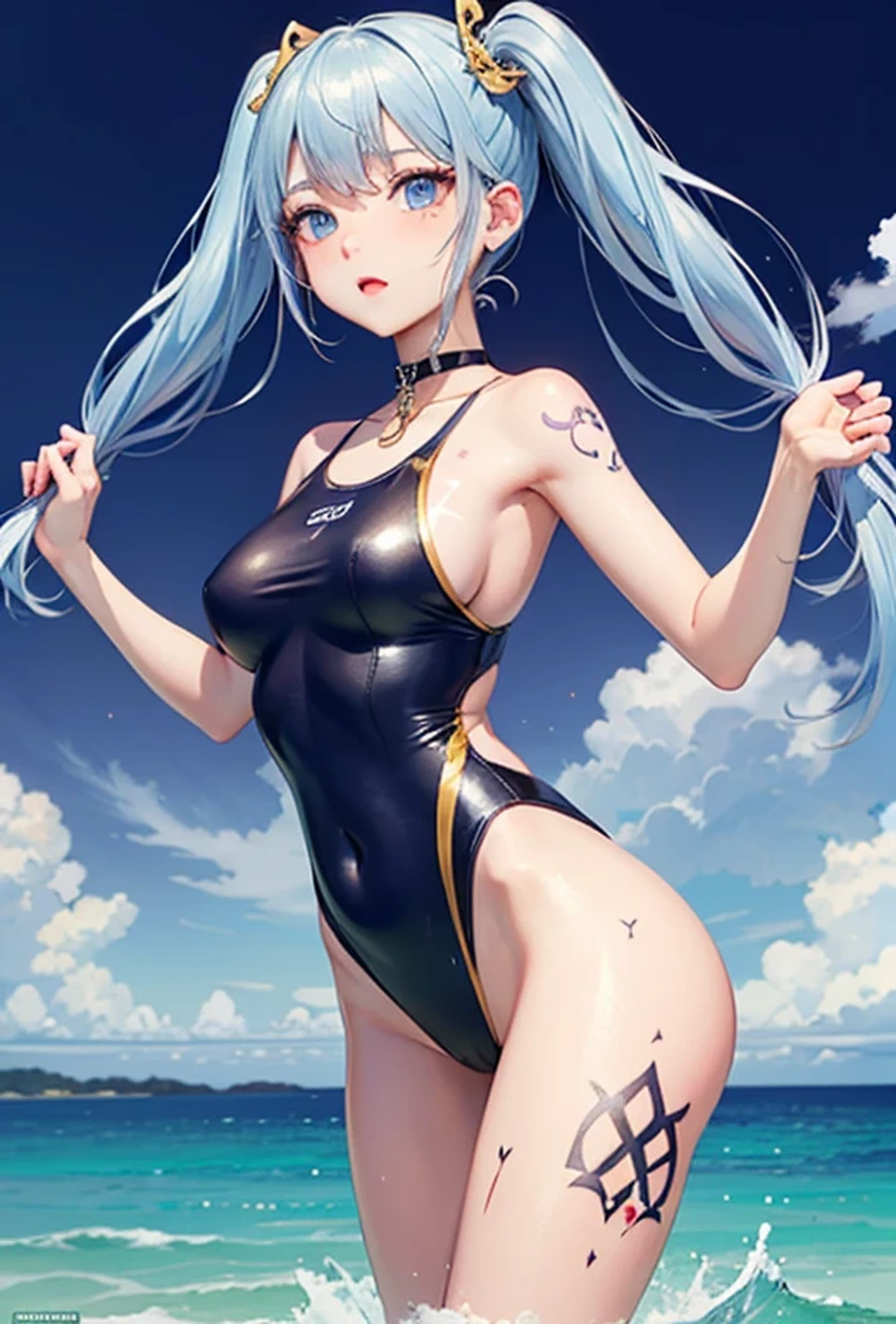 (Super detailed、Ultra-high resolution、8K masterpiece、Vibrant colors)、((Flat Color))、((Floating water))、summer、coastal、 A woman in a sexy swimsuit、(Angle from below)、(Gold chain accessories on the body)、Randomly open your legs、Random Sexy Poses、Sweaty、 ((body paint、Pop tattoo on thigh))、Big Breasts、 (Tight swimsuit、choker)、Nipple shape、cameltoe、Beautiful hip line、Butt、nude、 (Twin tails、Vermilion, blue, silver, golden hair、hair ornaments)、Beautiful blue eyes、Beautiful red lip、(Reluctant、Bad mood)、 TWICE's Tzuyu' on pause