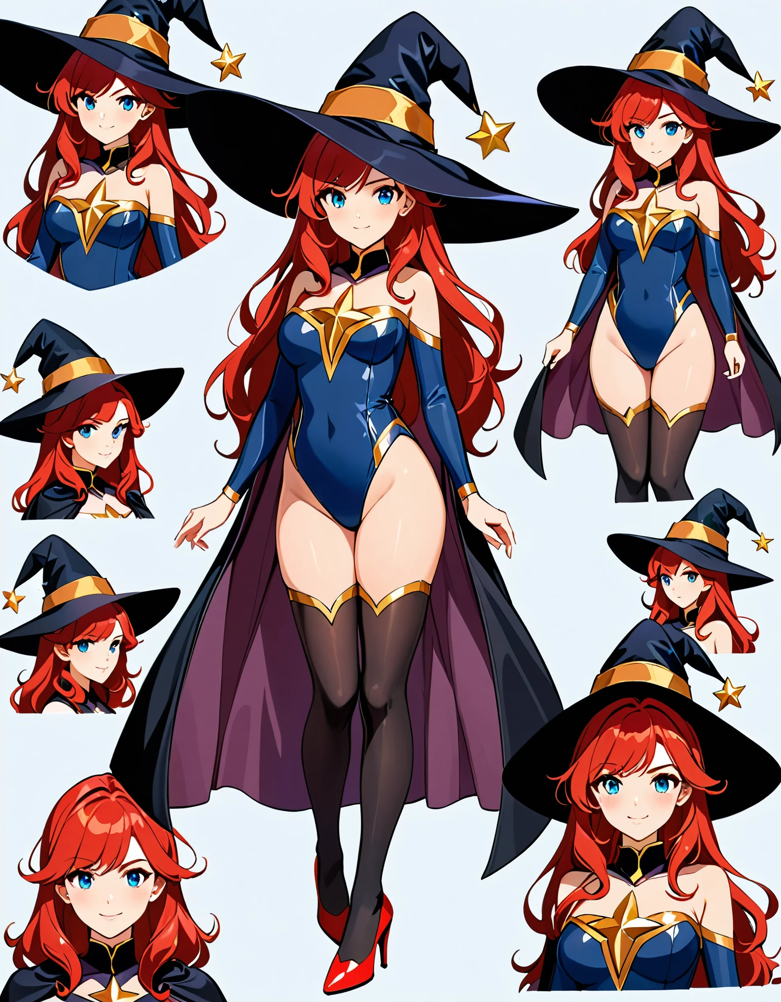 (masterpiece), (best quality), (highres), 1girl, high school student, superhero, superhero sorceress witch, sky witch, (leotard, blue leotard with white accents), bare legs, (blue thigh-highs), (red high heels), witch hat, red hair, long hair, blue eyes, beautiful detailed eyes, beautiful detailed face, cute face, medium breasts, -18, solo, solo focus, wonder, Simple background, Multiple Views, Character Sheet Full-Length.