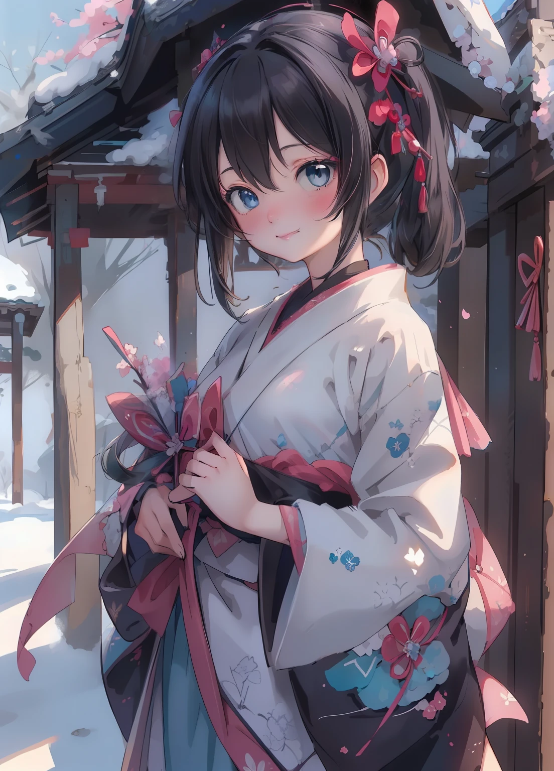 (masterpiece、Highest quality、Highest quality、Official Art、Beautiful and beautiful:1.2)、(One girl:1.3)Hatsune Miku、Twin tails,Beautiful breasts, Katsushika Hokusai,masterpiece,Highest quality,Very detailed,High resolution,Very detailedCG,Trick him?Fantastic details,Very detailed肌,Perfect Anatomy,Cowboy Shot,One girl,Pronunciation of notes,woman,Shrine maiden,blue eyes,lipstick,eyeliner,Medium chest,smile,Medium Hair,Black Hair,Shrine maiden服,wariza,I have a photo of a large bouquet of many different kinds of flowers.