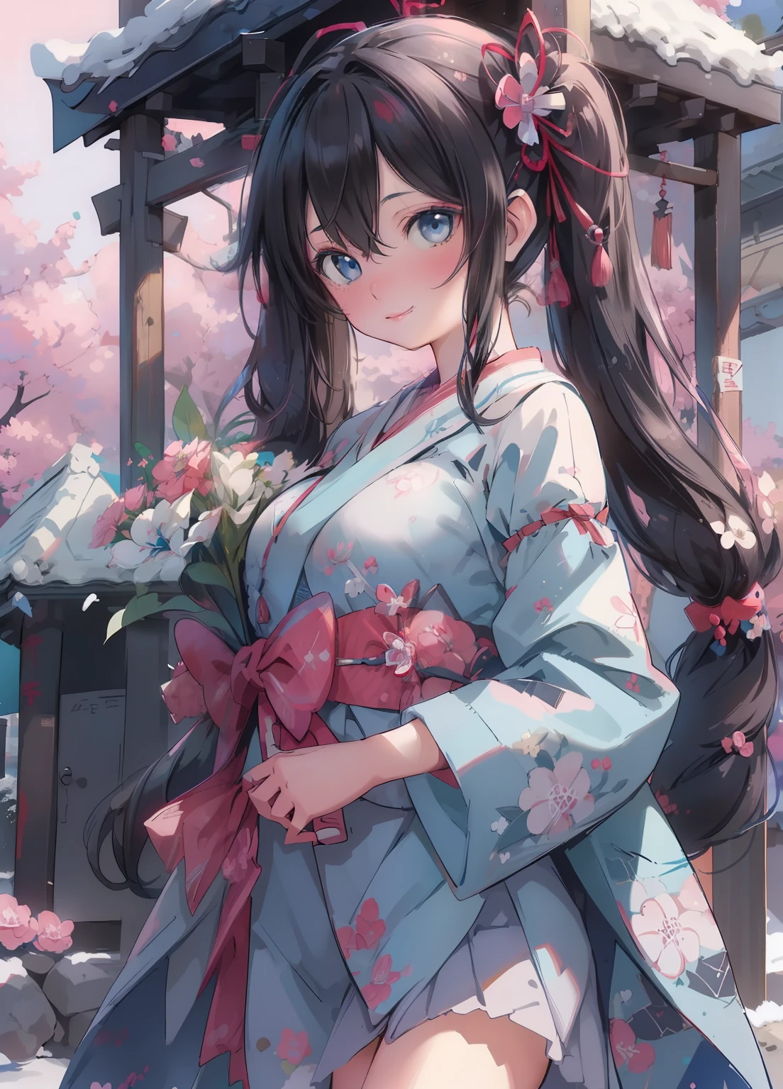 (masterpiece、Highest quality、Highest quality、Official Art、Beautiful and beautiful:1.2)、(One girl:1.3)Hatsune Miku、Twin tails,Beautiful breasts, Katsushika Hokusai,masterpiece,Highest quality,Very detailed,High resolution,Very detailedCG,Trick him?Fantastic details,Very detailed肌,Perfect Anatomy,Cowboy Shot,One girl,Pronunciation of notes,woman,Shrine maiden,blue eyes,lipstick,eyeliner,Medium chest,smile,Medium Hair,Black Hair,Shrine maiden服,wariza,I have a photo of a large bouquet of many different kinds of flowers.