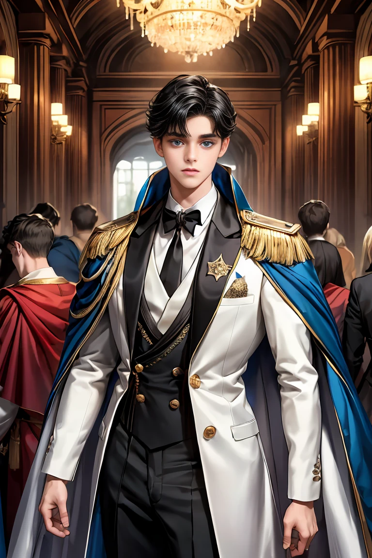 
masterpiece, 最high quality, high quality, 1 boy, alone, Male focus, Watching the audience,  Messy black hair, Adorable big blue eyes, White, Noble, Noble,A sexy, voluminous, puffy cape、tuxedo、A very voluminous, large, very large, very large, long, long red and black cape with a high stand-up collar, made of a lot of fabric that reaches down to the floor., ,Cute beautiful boys,Cute, cute, kind, handsome guy