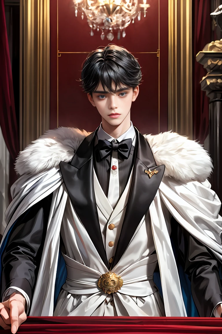 
masterpiece, 最high quality, high quality, 1 boy, alone, Male focus, Watching the audience,  Messy black hair, Adorable big blue eyes, White, Noble, Noble,A sexy, voluminous, puffy cape、tuxedo、A very voluminous, large, very large, very large, long, long red and black cape with a high stand-up collar, made of a lot of fabric that reaches down to the floor., ,Cute beautiful boys,Cute, cute, kind, handsome guy