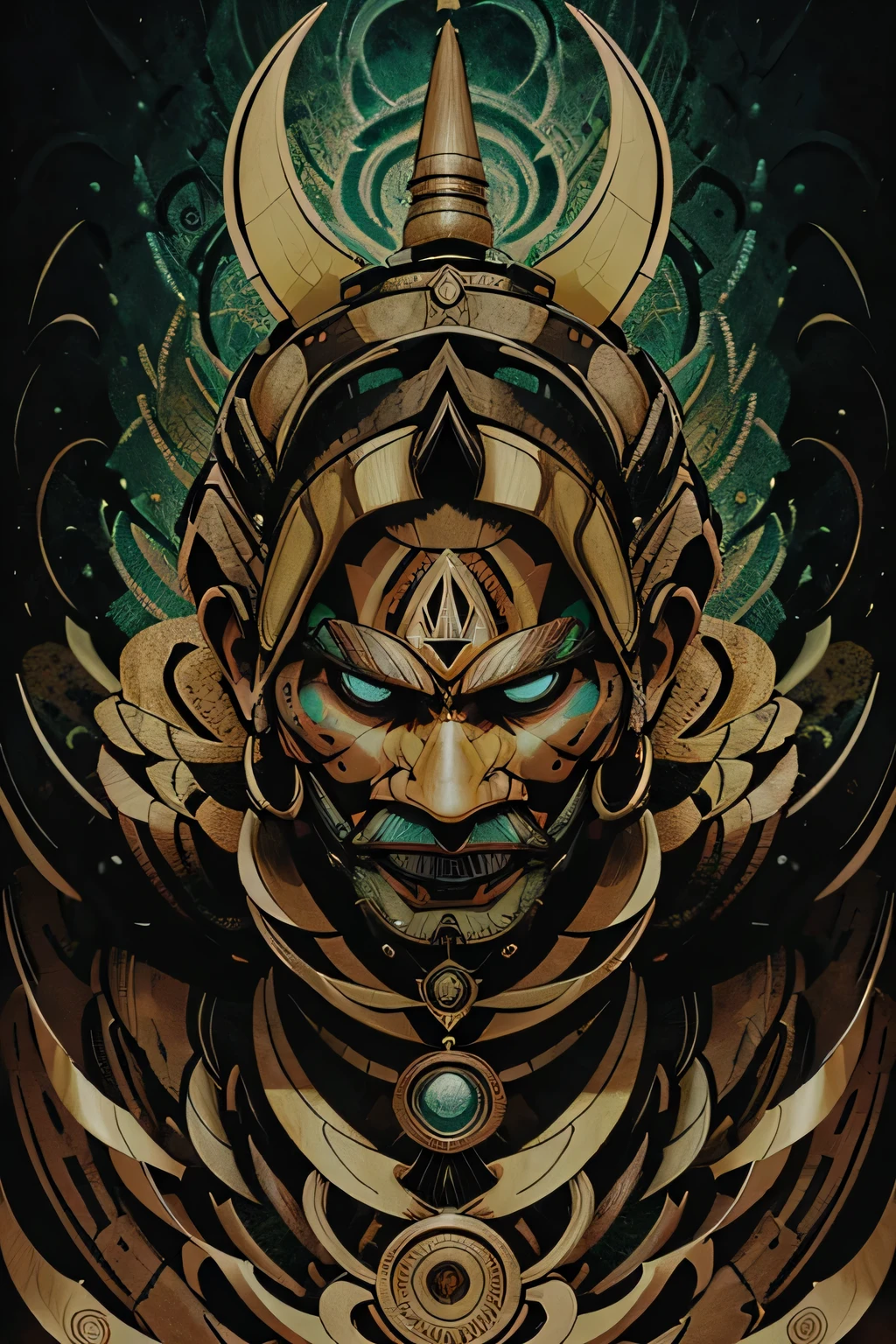 Simbolo da supremacia maya explosive, supernatural painting of a shape-shifting deity, adorned with chaotic and omnipresent Mayan motifs, piercing eyes, a breathtaking amalgam of art and captivating photo collage, Mesmerizing poster design:: woody tone:: its appearance exuded the enigmatic allure of ancient Mayan minimalism fused with cosmic chaos:: --ar 9:16 --s 963 --c 9 --q 2 --v 5 warrior man full body
