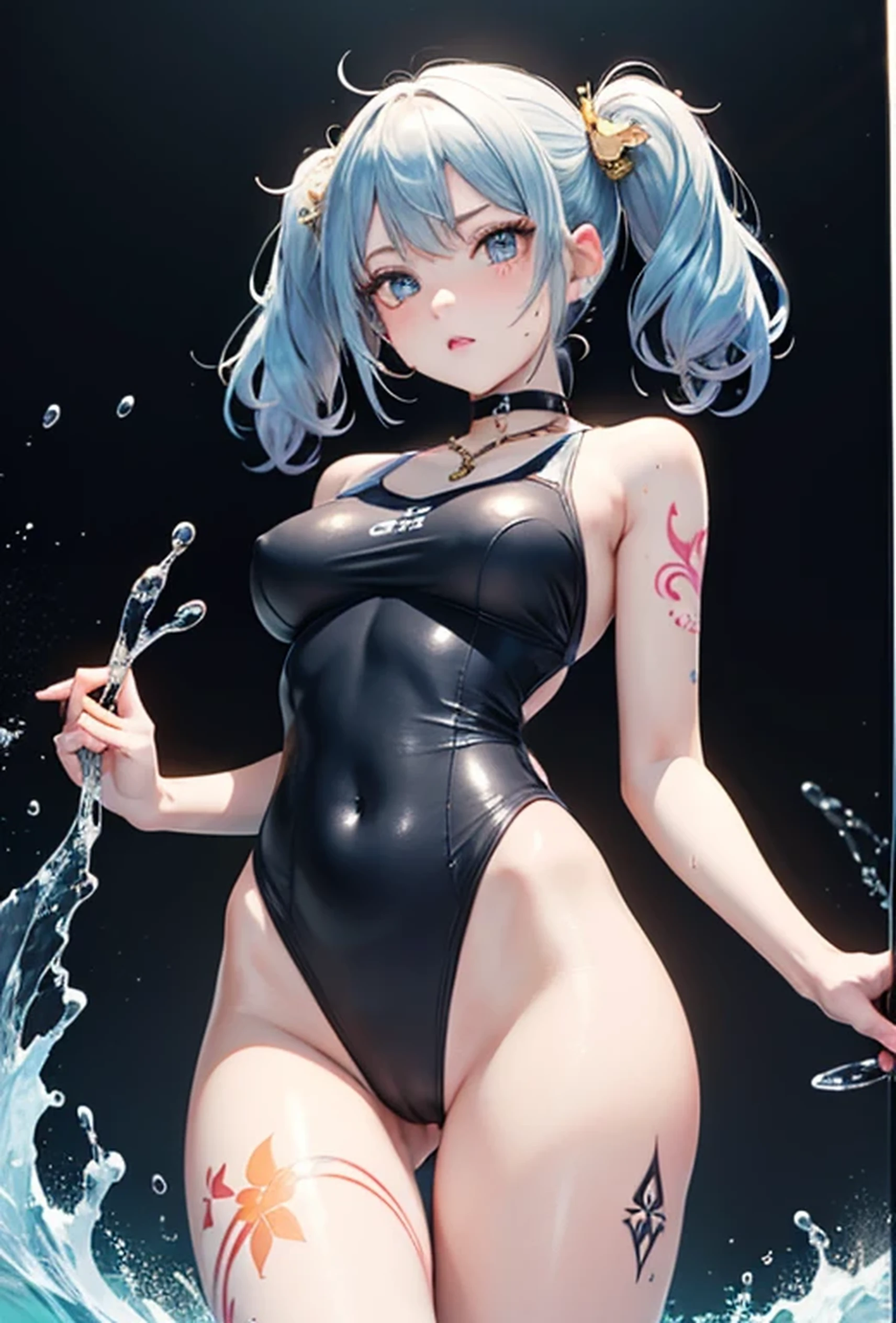 (Super detailed、Ultra-high resolution、8K masterpiece、Vibrant colors)、((Flat Color))、((Floating water))、summer、coastal、 A woman in a sexy swimsuit、(Angle from below)、(Gold chain accessories on the body)、Randomly open your legs、Random Sexy Poses、Sweaty、 ((body paint、Pop tattoo on thigh))、Big Breasts、 (Tight swimsuit、choker)、Nipple shape、cameltoe、Beautiful hip line、Butt、nude、 (Twin tails、Vermilion, blue, silver, golden hair、hair ornaments)、Beautiful blue eyes、Beautiful red lip、(Reluctant、Bad mood)、 TWICE's Tzuyu' on pause