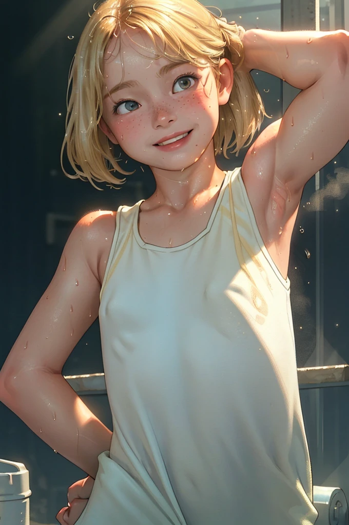 (Highest quality, masterpiece), One boy, Are standing, Sports competition, Gym, Sweat, Tilt your head, See through, blonde, freckles, blush, Steaming body, (Oversized tank top), (Backlight:1.2), Twisted fuselage, (Muscular:0.6), View your viewers, smile, (Sweat), Sweatばんだ肌,Wet,Short Hair,